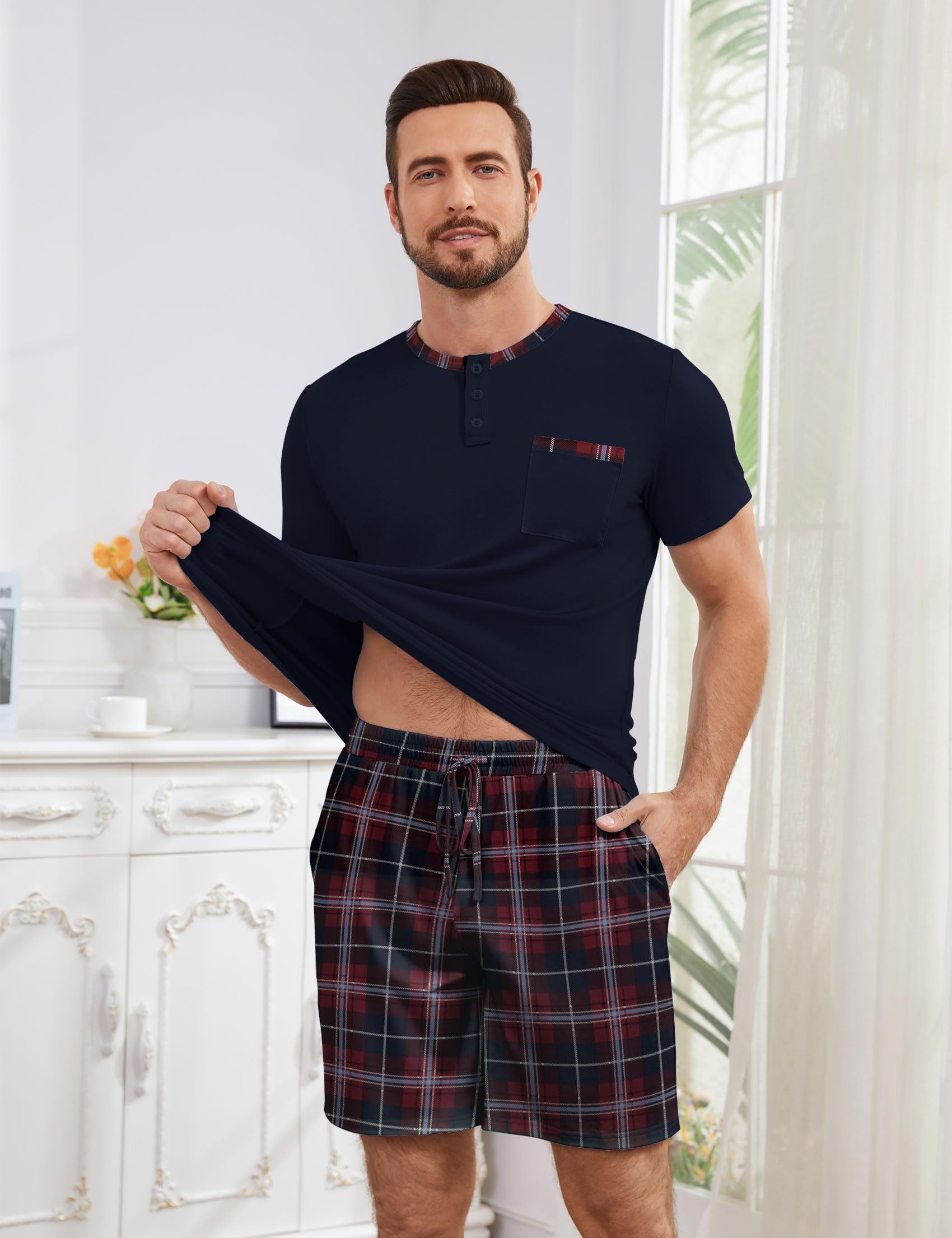 Schlafanzug Herren Kurz Pyjama Baumwolle Zweiteilige Set Sommer Nachtwäsche Kurzarm Oberteil und Karierte Schlafanzughose