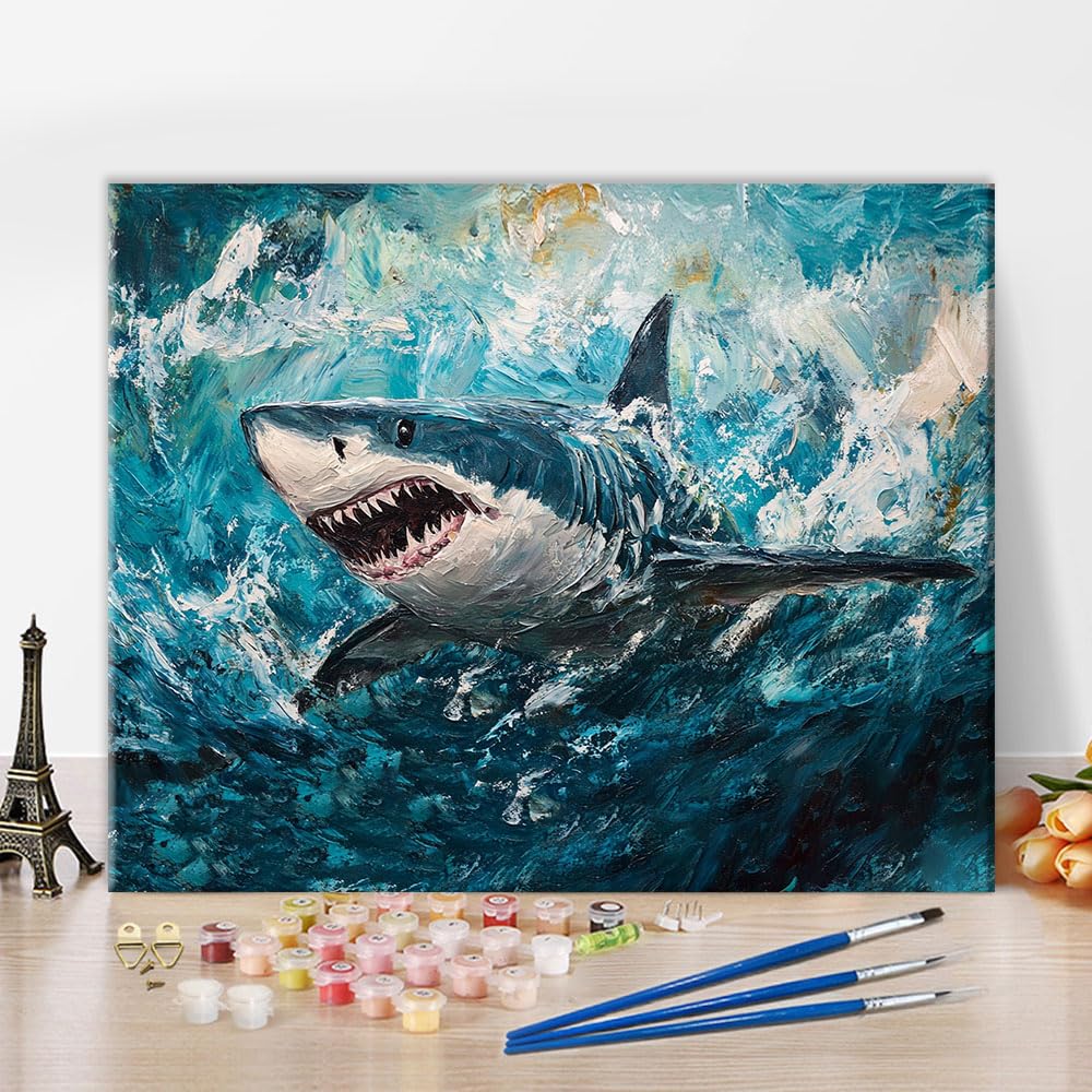 TISHIRON Adult Paint by Number Kits On Canvas, Majestic Shark Painting by Numbers, Shark Swimming in Sea Waves Painting by Numbers for Adults, DIY Canvas Paint Wall Decor, 40x50cm