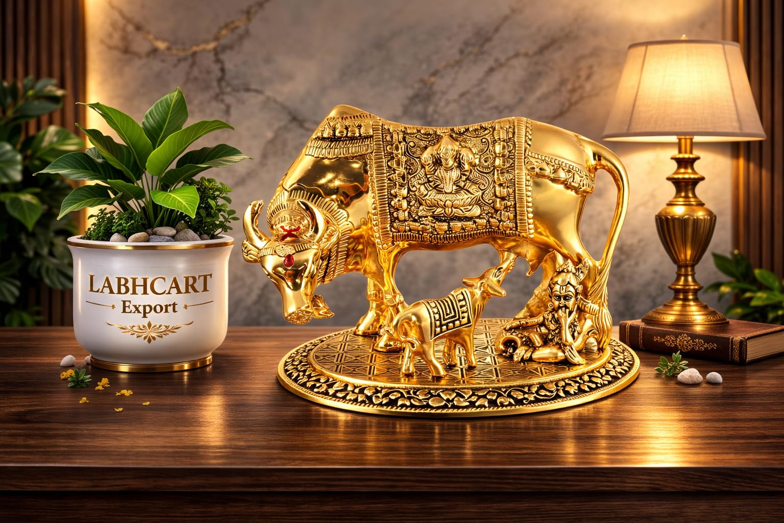 SHRI KRISHNA Sheela Handicraft Kamdhenu Cow with Calf and Krishna Idol Showpiece in Brass Like Metal for Home Decor and Decorative (Gold, Big 17cm, 500 Grams, 17x12x12 cm)-picture-15