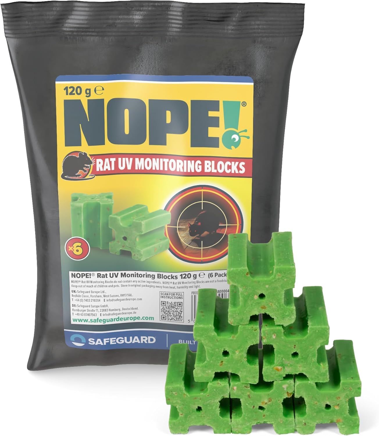 NOPE! Rat Bait Blocks (6 Pack) | Highly palatable Wax Blocks for Rat and Mouse | fluorescent UV monitoring