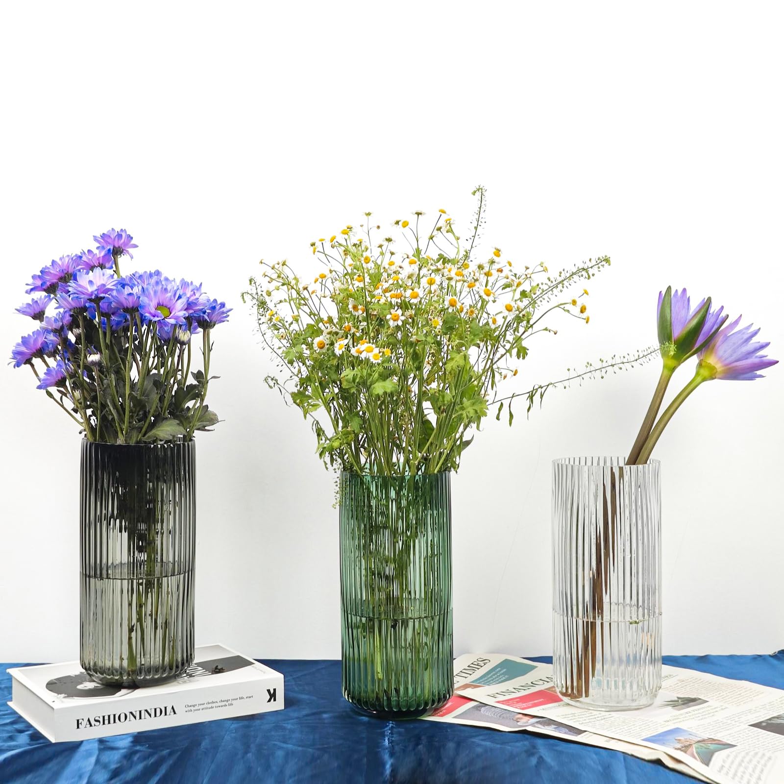 Vaso di vetro verde ispessito di alta qualità, vaso da fiori in vetro a coste per vasi rustici, vaso decorativo moderno per fiori, vasi per decorazione, ideale per mensole, soggiorno, tavolo