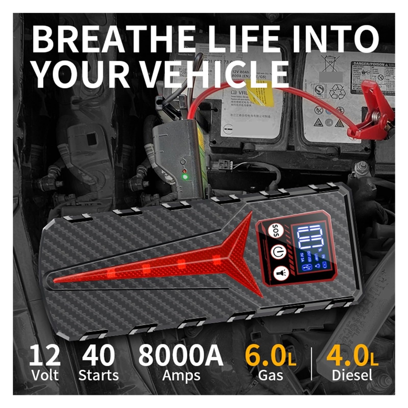 Avviatore di Emergenza for Auto 8000A Caricabatteria Emergenza Power Bank Booster for Veicoli A Benzina E Diesel 12V(Color:Standard)