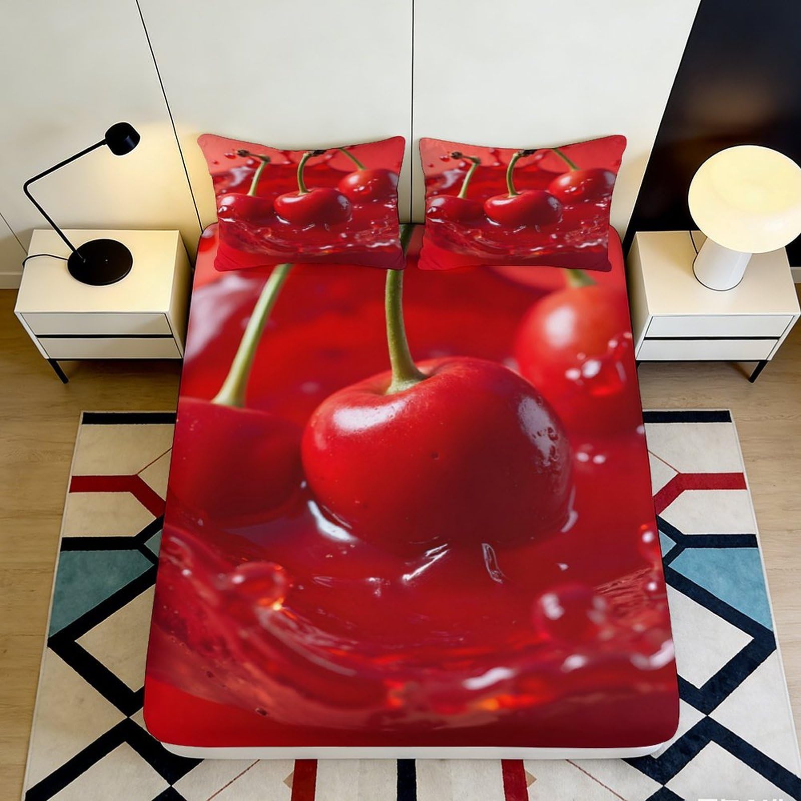 3D Printed Cherry Splash Fitted Sheet Microfiber Red Fruit Art Bed Cover for Bedroom Guest Room Dorm Decor, Anti-Slip 90x200x25cm