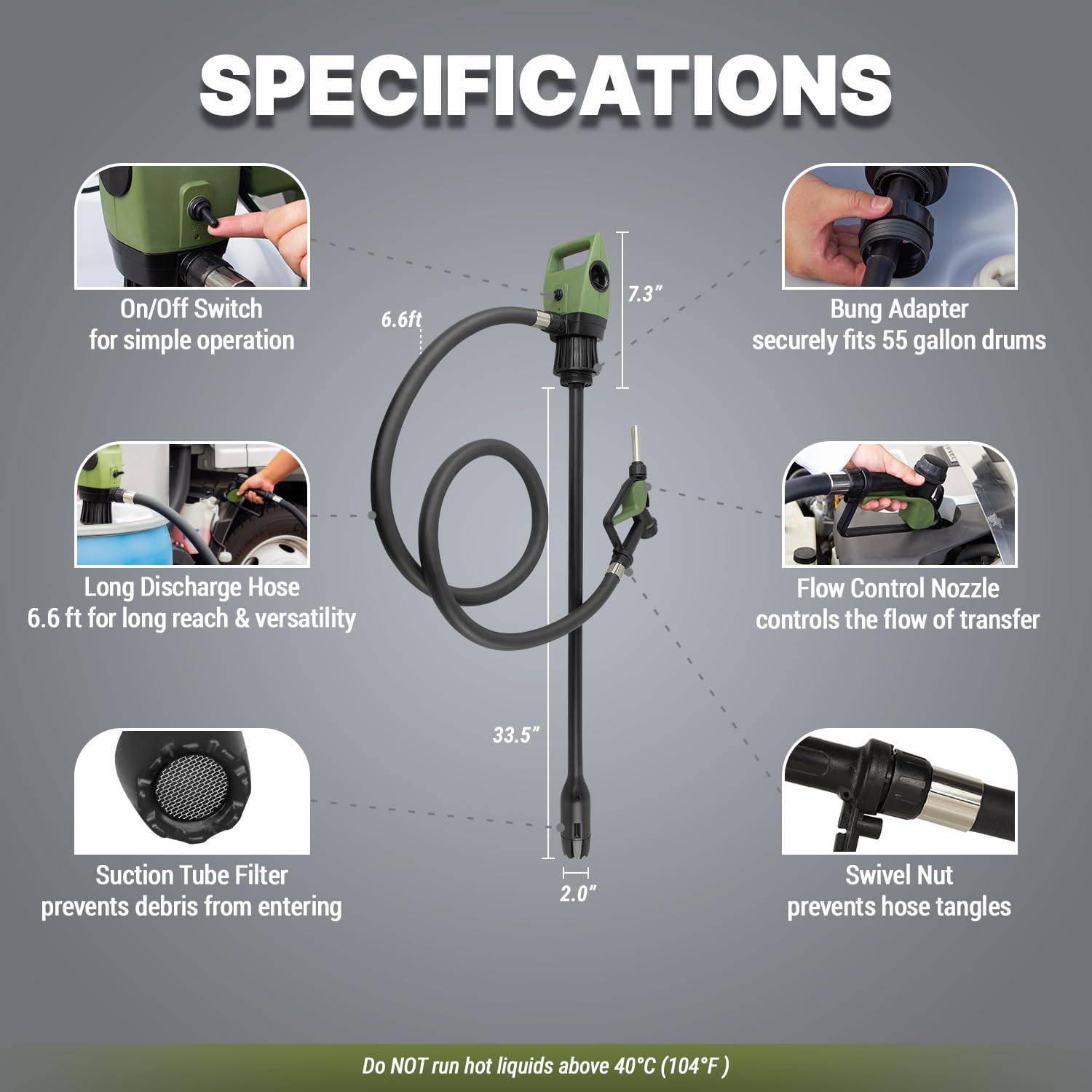 TERA PUMP Electric DC20V Drum Transfer Pump, Intake Filter-equipped, 55 Gallon Drums, Flow Control Nozzle, 7.6 Gal/Min