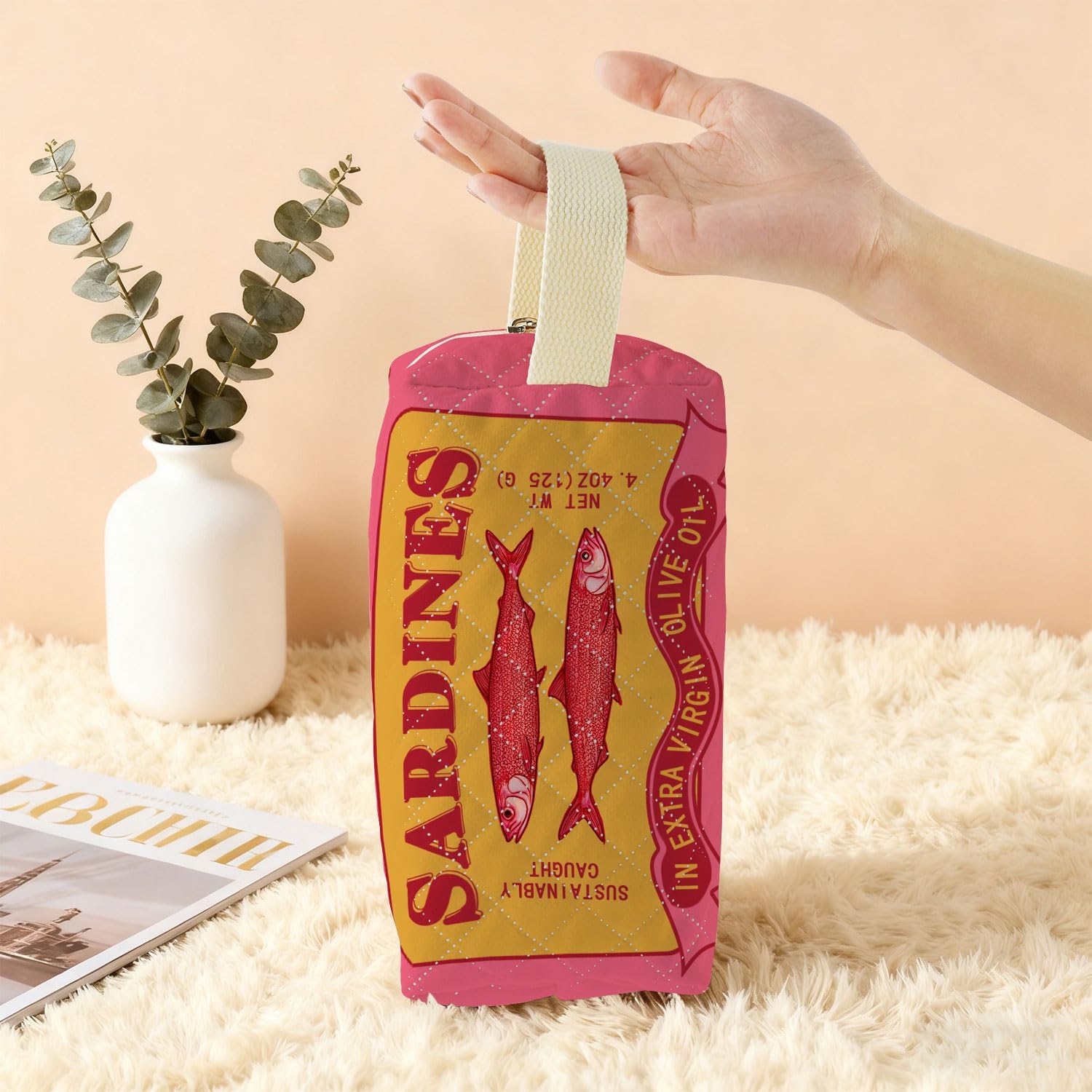 Pink Sardine Can Printed Quilted Makeup Pouch for Women - Velvety Polyester Cosmetic Organizer w/Triple Compartments, Travel & Makeup Brush Holder - Image 6