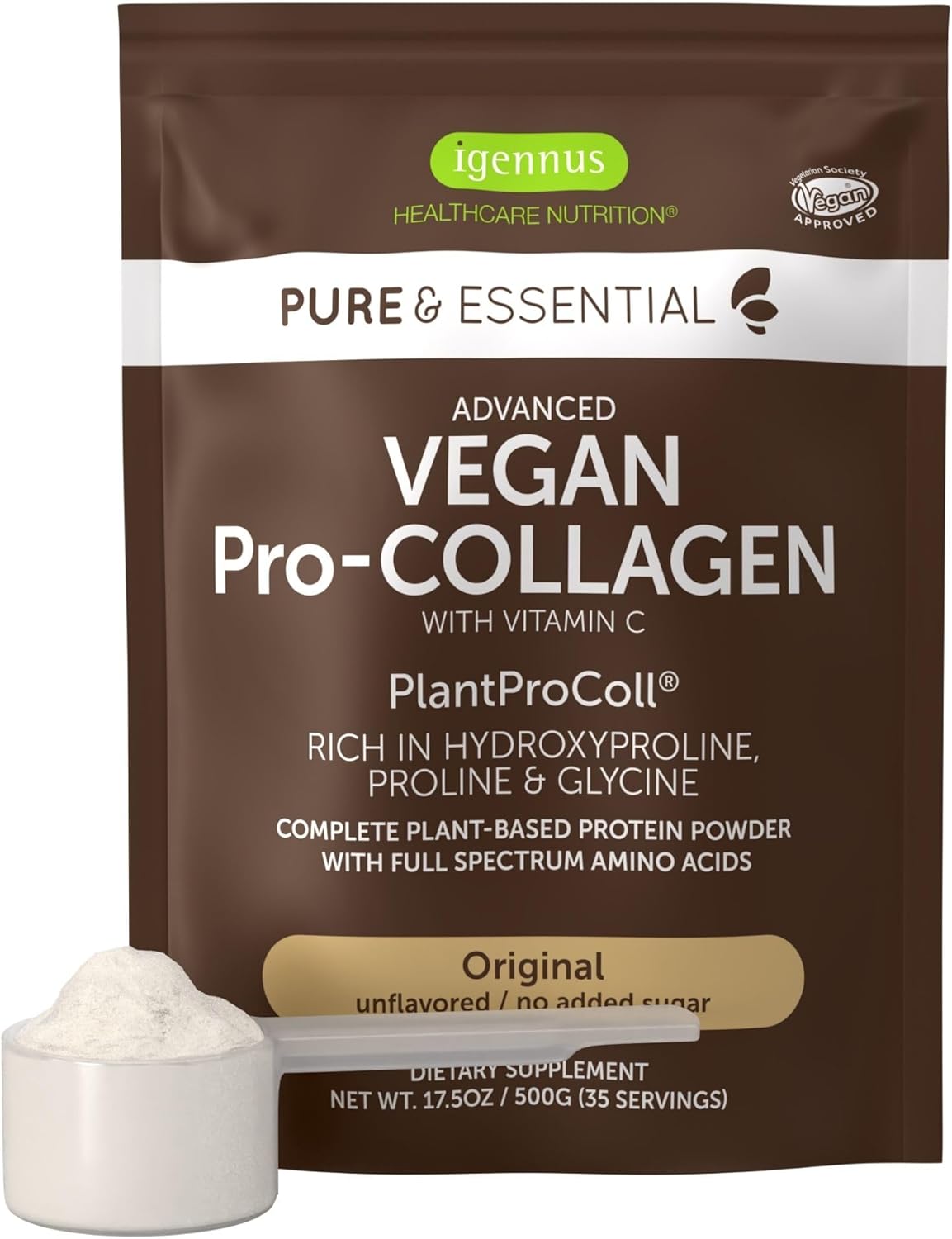 Igennus Vegan Collagen Peptide Powder, Enhanced with Glycine, Proline & Hydroxyproline & Cofactor Vitamin C, Non GMO, Complete Vegetarian Plant Based Collagen Powder Booster, 35 Servings