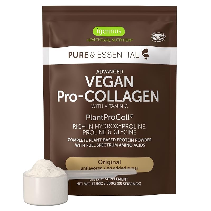 Igennus Suplemento de colágeno vegano em pó com PlantProColl, glicina, prolina, hidroxiprolina e vitamina C, 500 g
