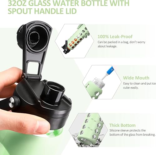 Miniatura 7 de MUKOKO Botellas de agua de vidrio, vaso de vidrio de 32 onzas con popote, botellas para beber con 2 tapas, tapa de boquilla con asa y tapa de popote