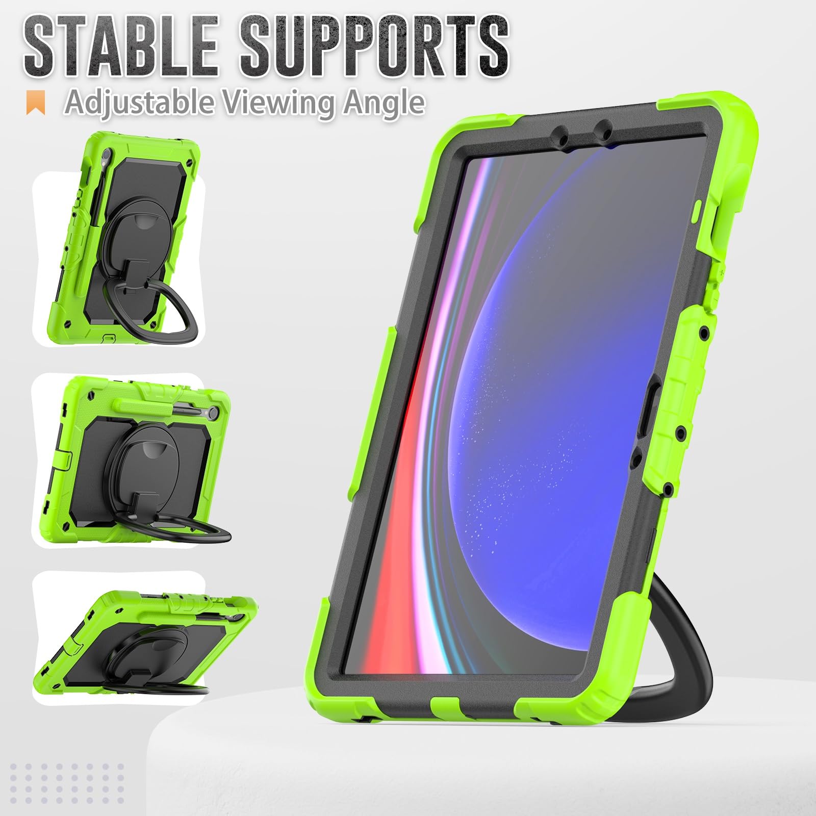 Wytrzymałe, odporne na wstrząsy etui TPU do Samsung Galaxy Tab S9 11 cali 2023 X710/X716B/X718U Etui dziecięce, uchwyt obrotowy 360 stopni, wspornik stojakowy, ochraniacz ekranu + pasek ramię(Ye?il)