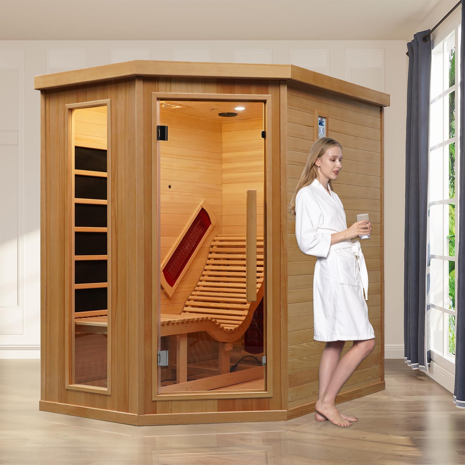 Smartmak Far Infrared Single Recliner Wooden Sauna,Home Indoor Canadian Hemlock Wooden Sauna,with 6 Heaters,Oxygen Bar,LED Controller,Bluetooth,Color Therapy Light(220V, 2300W)