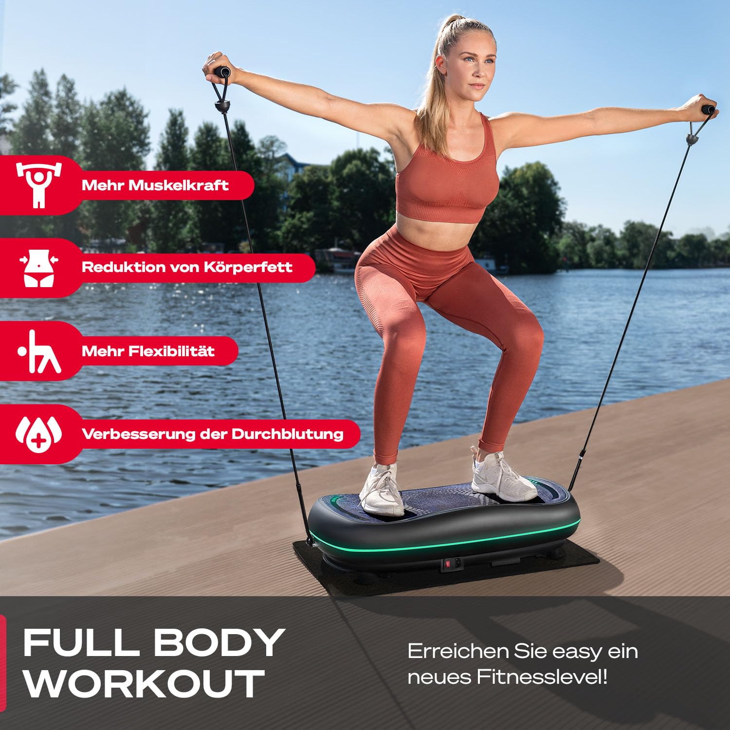 Sportstech 4D Premium Vibrationsplatte | Deutsche Qualitätsmarke | Smart LED I 3 leise Motoren I Workout Sitz & Liegestützgriffe | Touch Display + Bluetooth I Fitness & Yoga für Zuhause|VP500