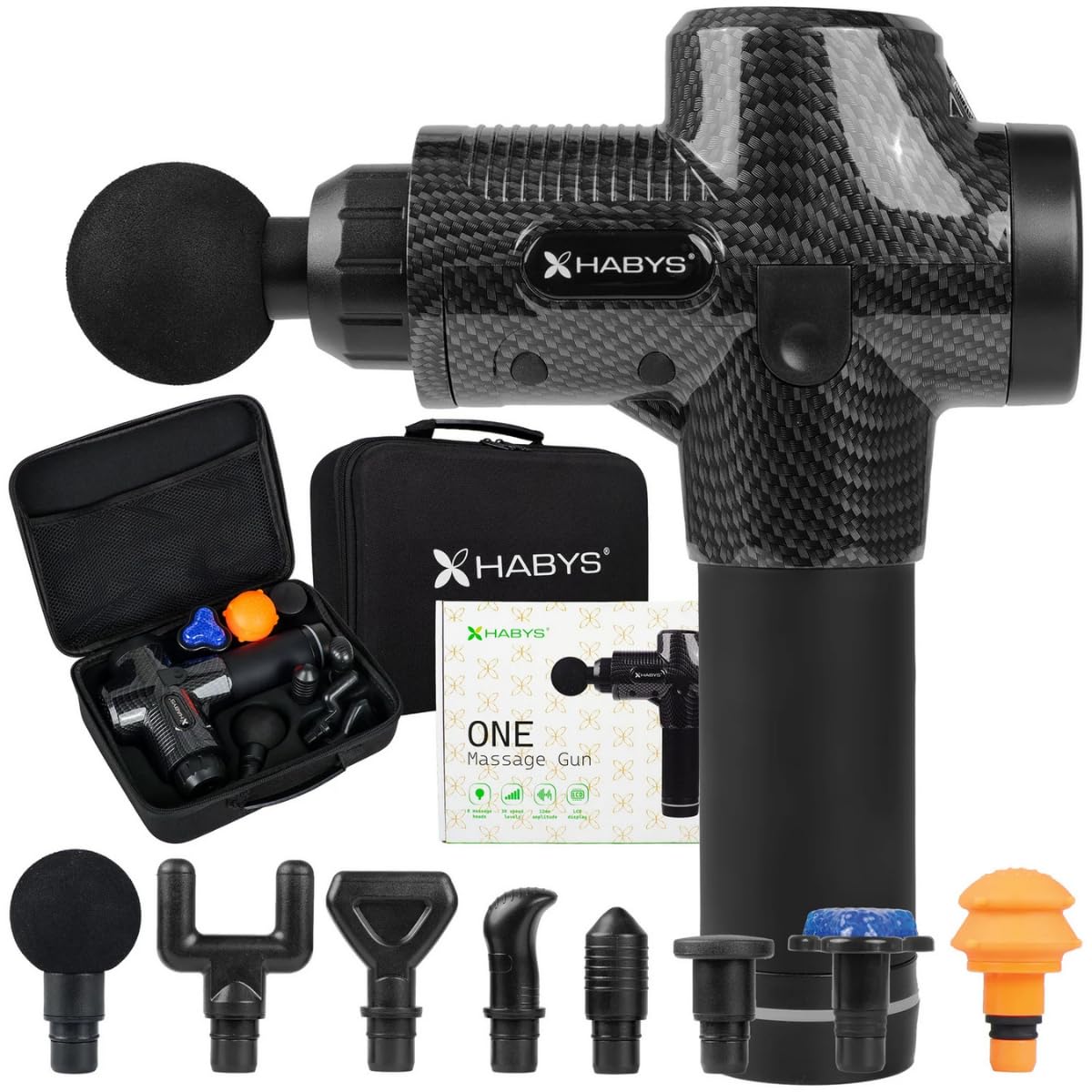 HABYS Massagepistole 30 Geschwindigkeitsstufen, Massagegerät 12mm Amplitude | Massage Gun LED-Display, Massagegun 1200–3600 U/min Drehzahlbereich, Massager 8 Austauschbare Massageköpfe, 2000-mAh-Akku