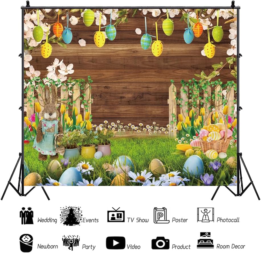 10x8ft Easter Backdrop for Photography Spring Garden Fence Easter Eggs Brown Wood Board Rustic Photo Background Portrait Photo Booth Props
