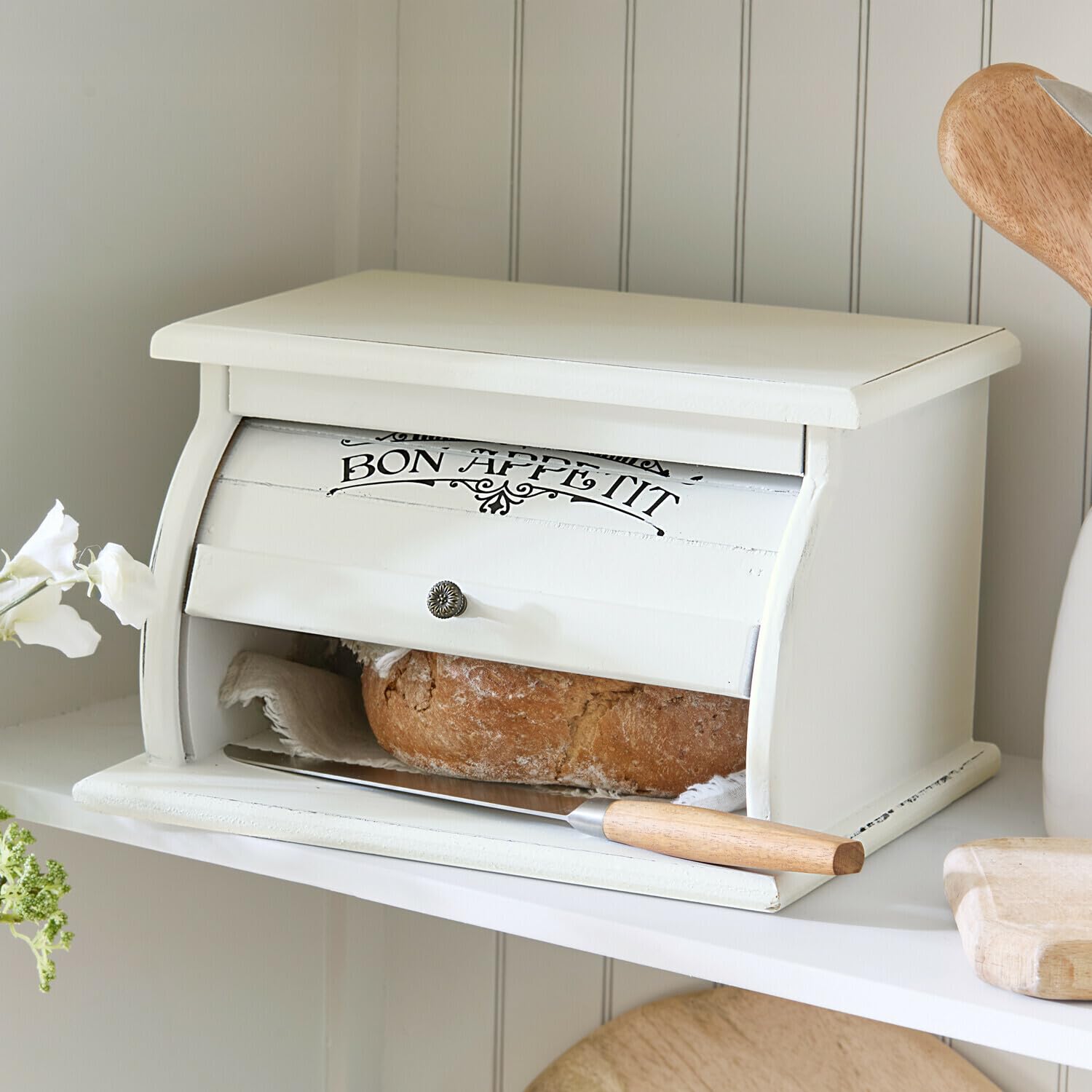 LOBERON Brotbox Bon Appetit, Rolldeckel im Lamellen-Look, nostalgische Beschriftung, Küchen-Accessoire, Küchenutensilien, Brotkasten, Tannenholz, antikweiß | Rolldeckel im Lamellen-Look, nostalgische Beschriftung, Küchen-Accessoire, Küchenutensilien, Brot