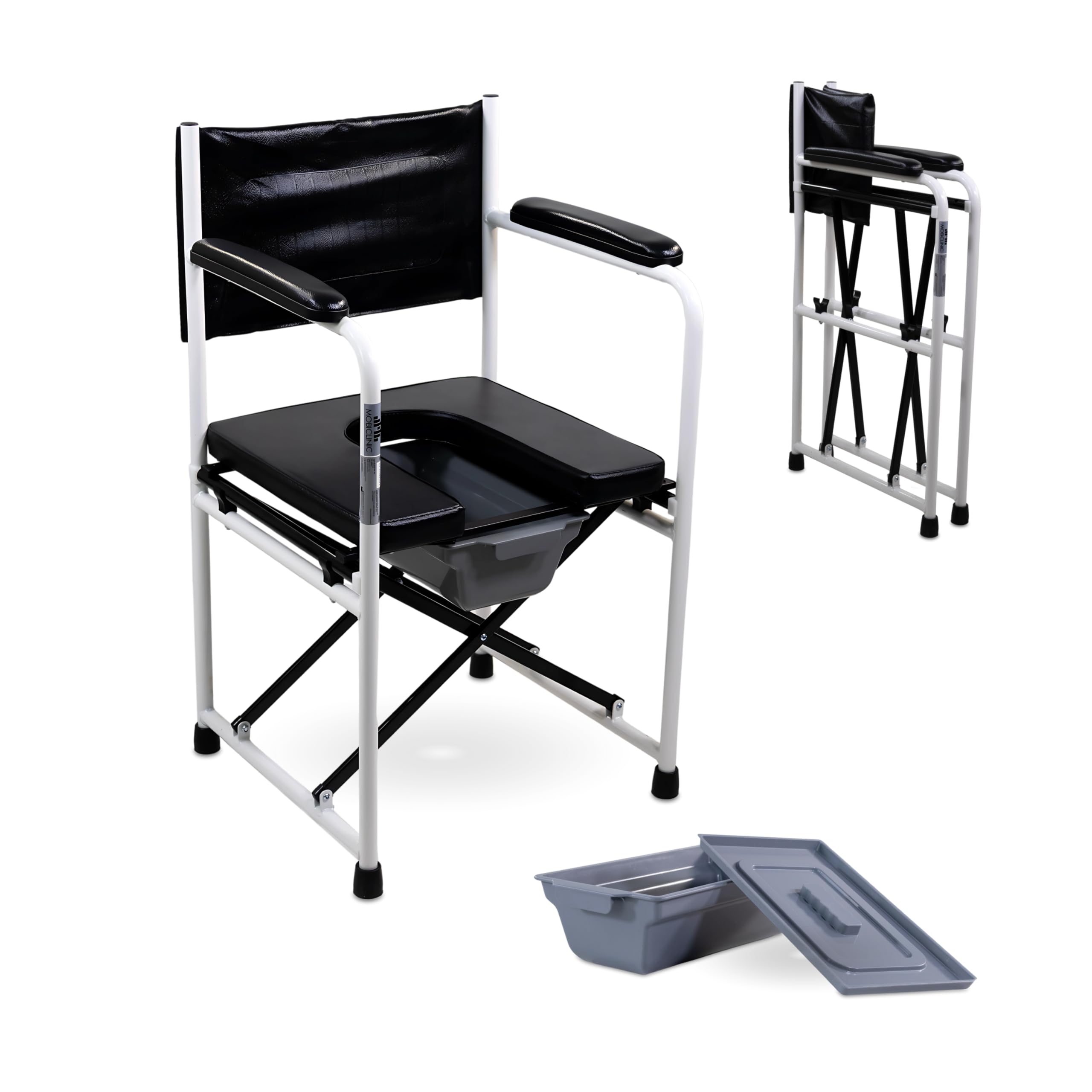 Mobiclinic®, Sedia Comoda WC, Pieghevole, Ebro, con Braccioli, Seduta Imbottita, Secchiello e Coperchio Rimovibili, Terminali Antiscivolo, Max. 100 Kg, Acciaio Cromato