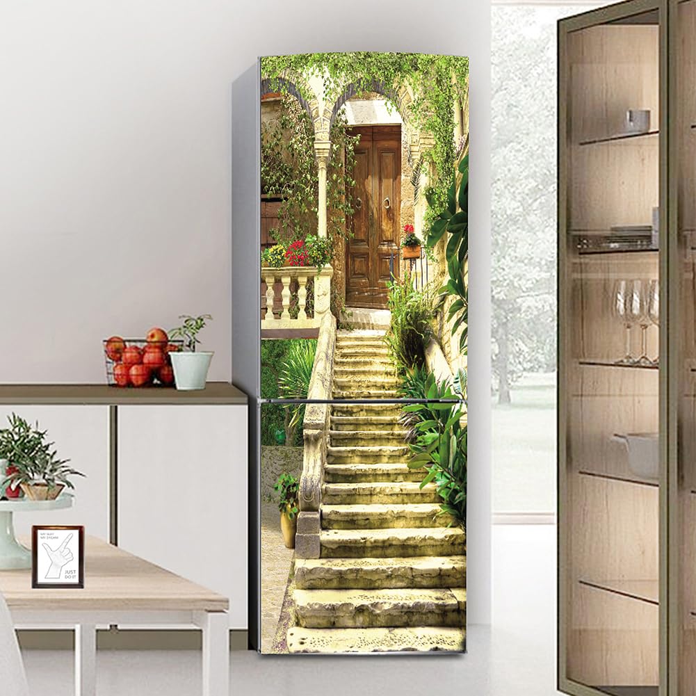 Myxjx One Color Fridge Wrap, Full Covering Door Fridge Covers Skins Wall Stickers For Kitchen Decal, Retro Step In French Courtyard