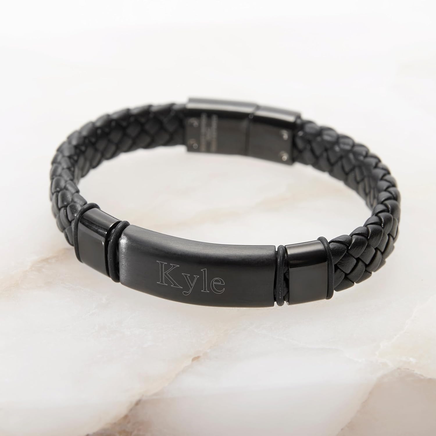 EVE'S ADDICTION Custom Engraved Bracelets For Men - Men's Leather Black Id Bracelet - Name Bracelet - Personalize Men's Bracelet - Men's Jewelry - Birthday Gift for Him - Gifts for Dad