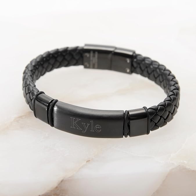 EVE'S ADDICTION Custom Engraved Bracelets For Men - Men's Leather Black Id Bracelet - Name Bracelet - Personalize Men's Bracelet - Men's Jewelry - Birthday Gift for Him - Gifts for Him