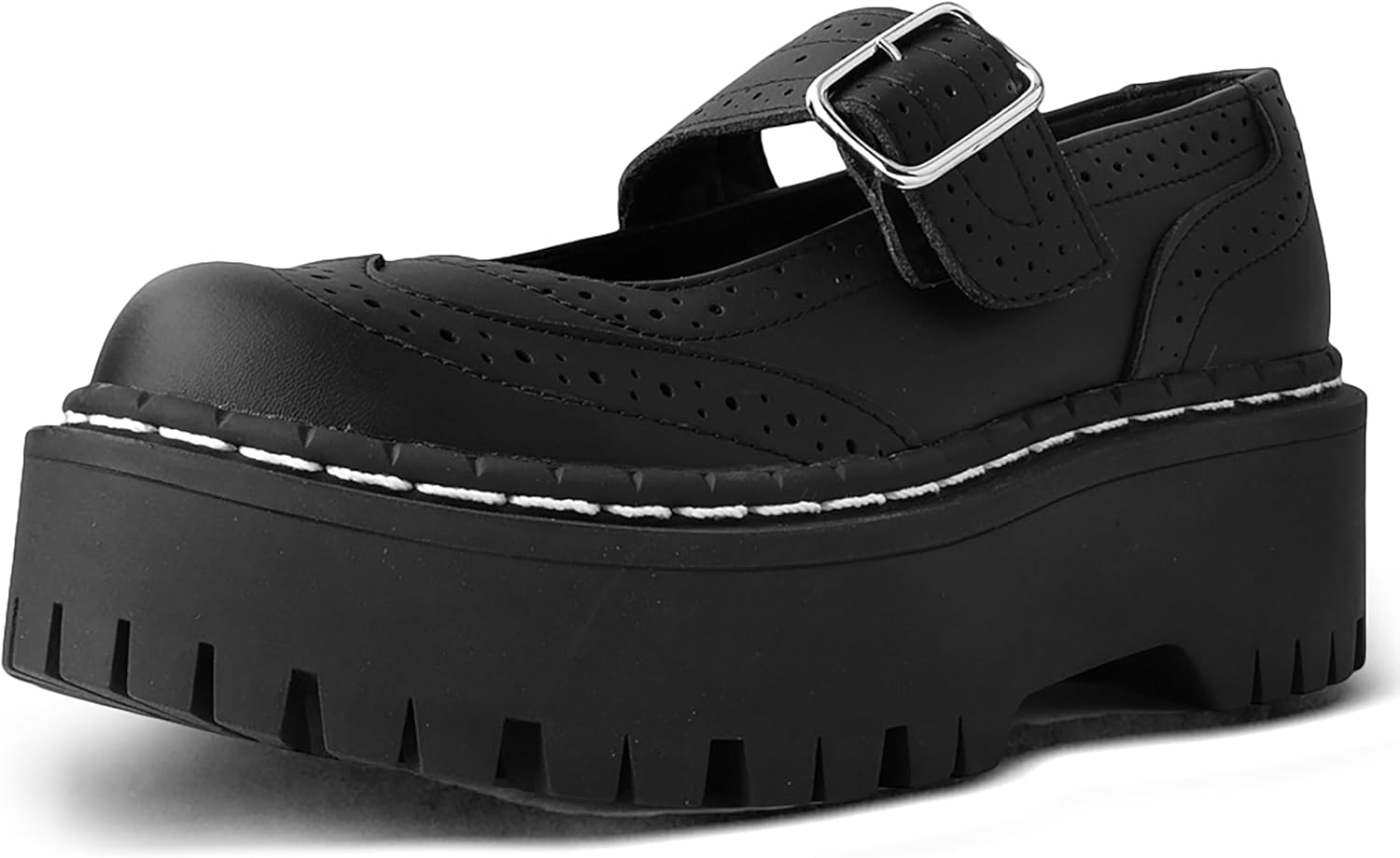 T.U.K. Black TUKskin™ Double Decker Mary Jane Shoes for Women, Round Toe Ankle Strap Platform Chunky Heel