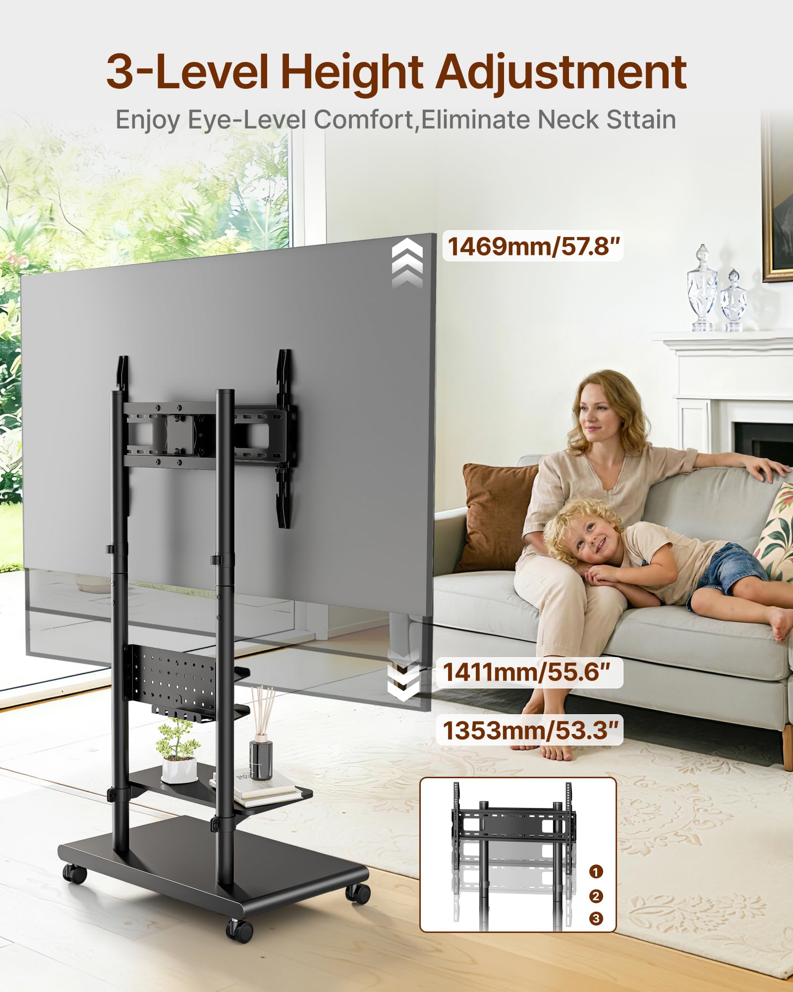 Mobile TV Stand on Wheels for 37-75 inch TVs up to 70kg, Swivel Mobile TV Cart with Shelf & Pegboard, Height Adjustable Rolling TV Trolley with Steel Base, TV Floor Stand Max VESA 600x400mm — view 11