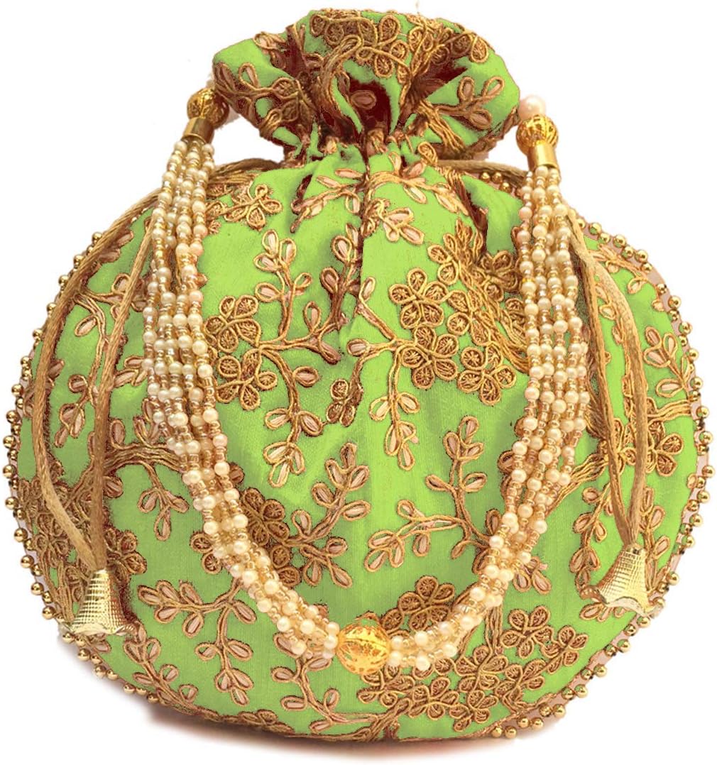 BOHEKANTSilk Women's/Girls Beautiful Ethnic Rajasthani Potli Bag (Parrot Green)