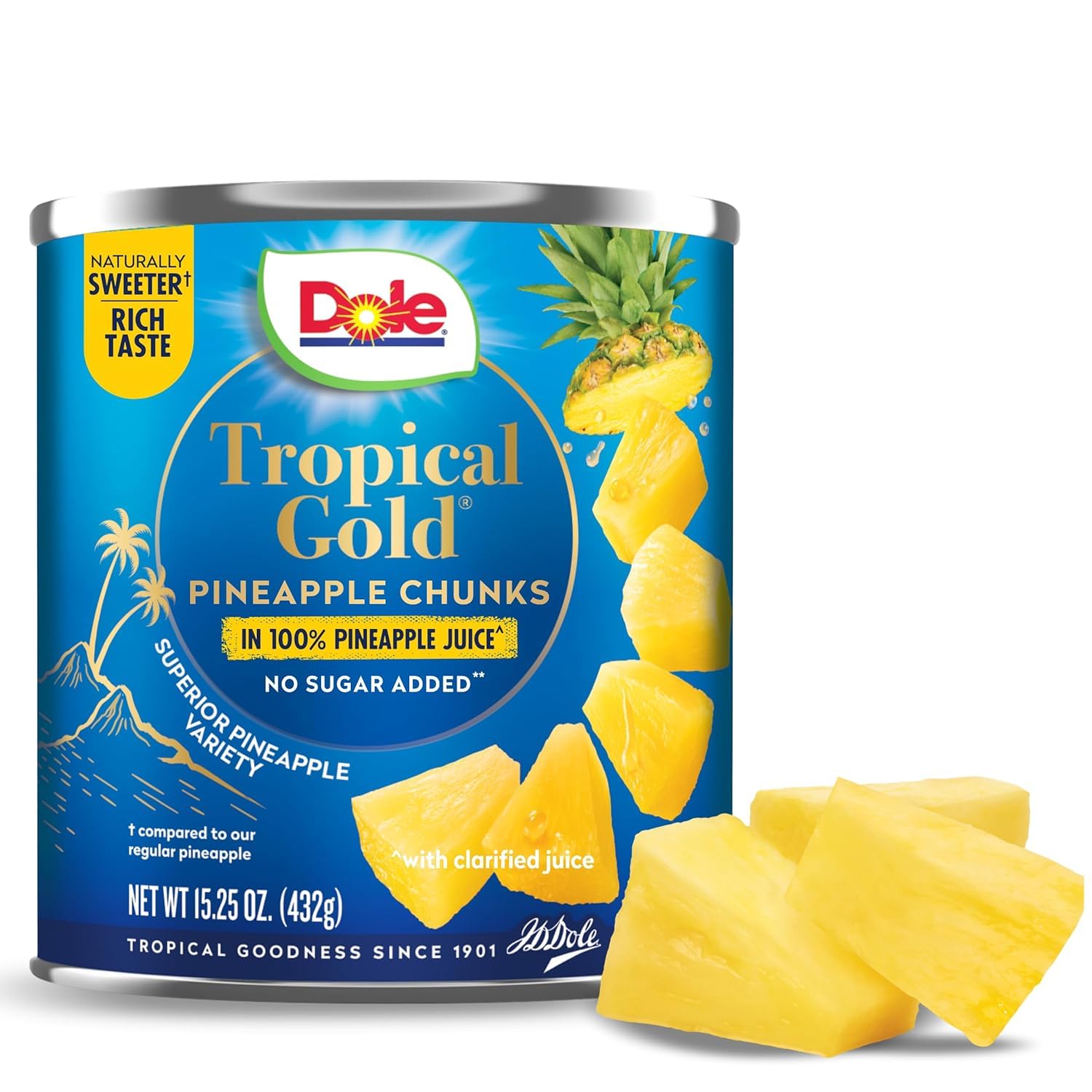 DoleCanned Fruit, Tropical Gold Pineapple Chunks in 100% Pineapple Juice, Gluten Free, Pantry Staples, No Sugar Added, 15.25 Oz