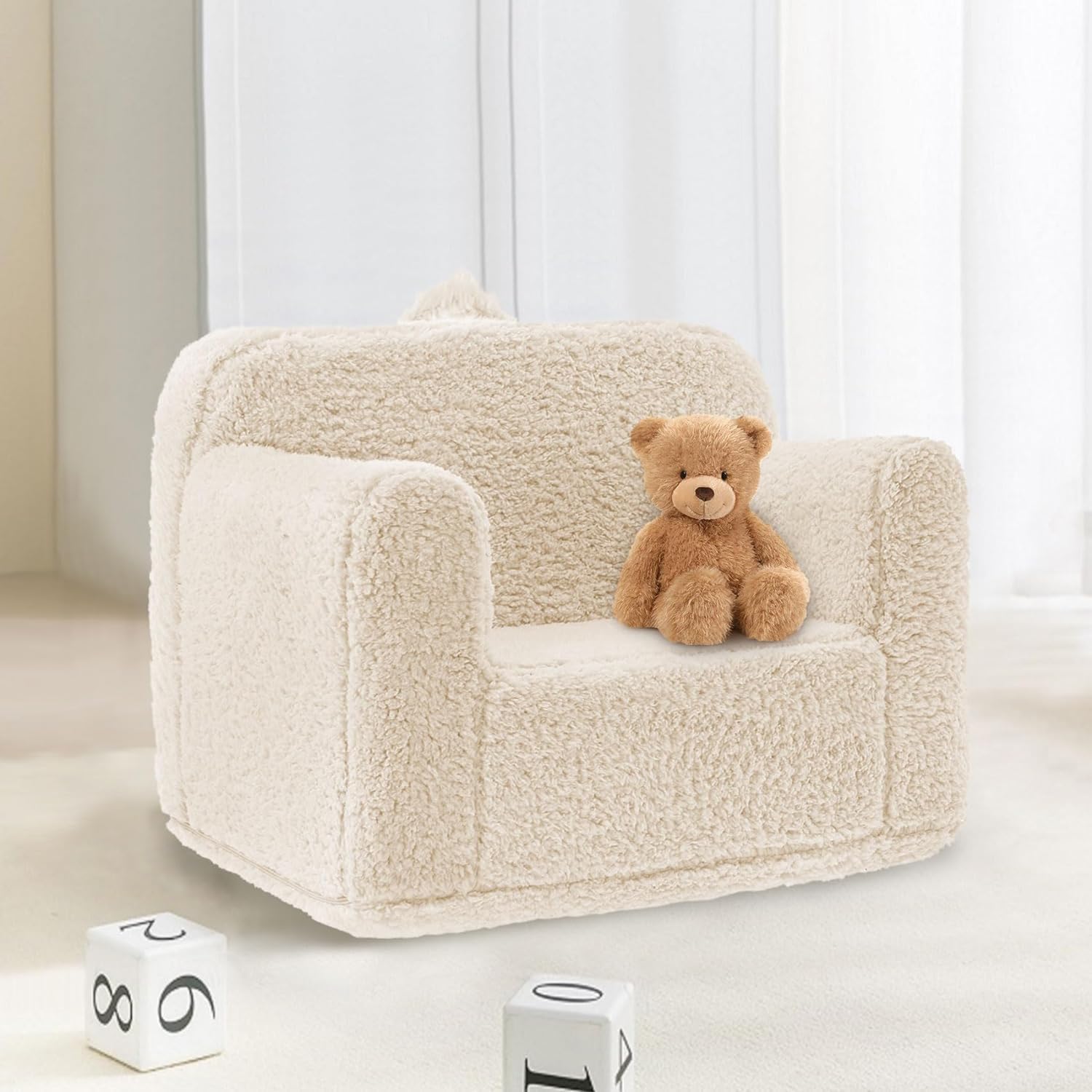 Kids Sherpa Chair, Cuddly Toddler Chair, Kids Foam Sofa Chair with Removable and Washable Cover Carrying Handle, Toddler Armchair for Boys and Girls