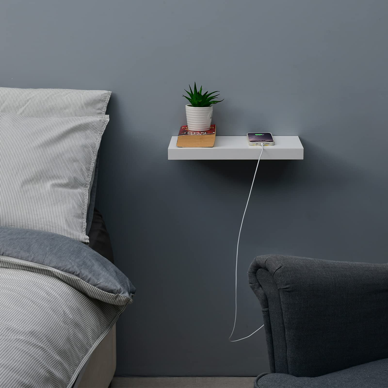 WELLAND White Floating Shelf with Motion Sensor Light, Wall Mounted ...