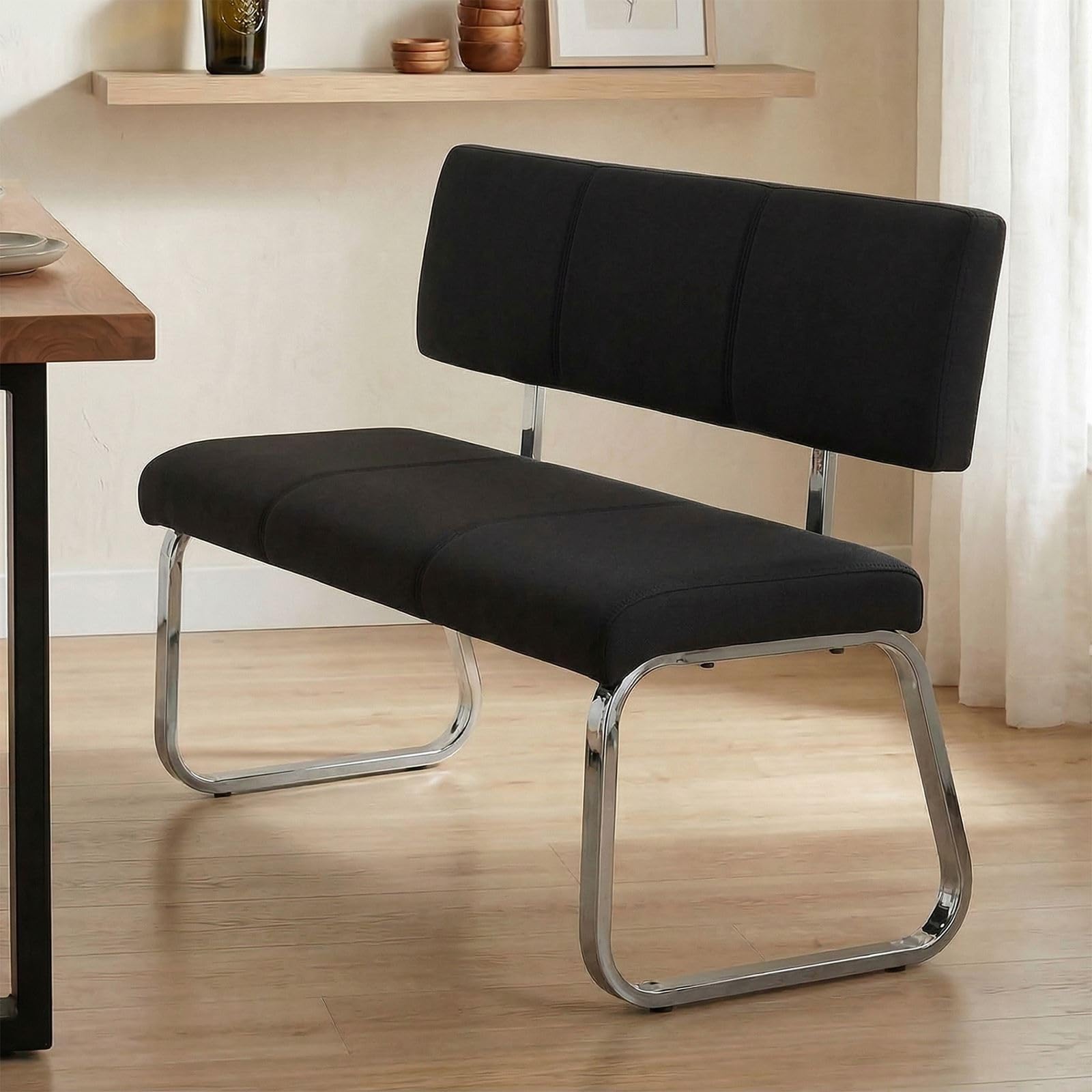 IDIMEX Banc sallle à Manger Vilas L 135 cm, siège avec 3 Places, Banquette au piètement chromé et Dossier au revêtement en Tissu Noir