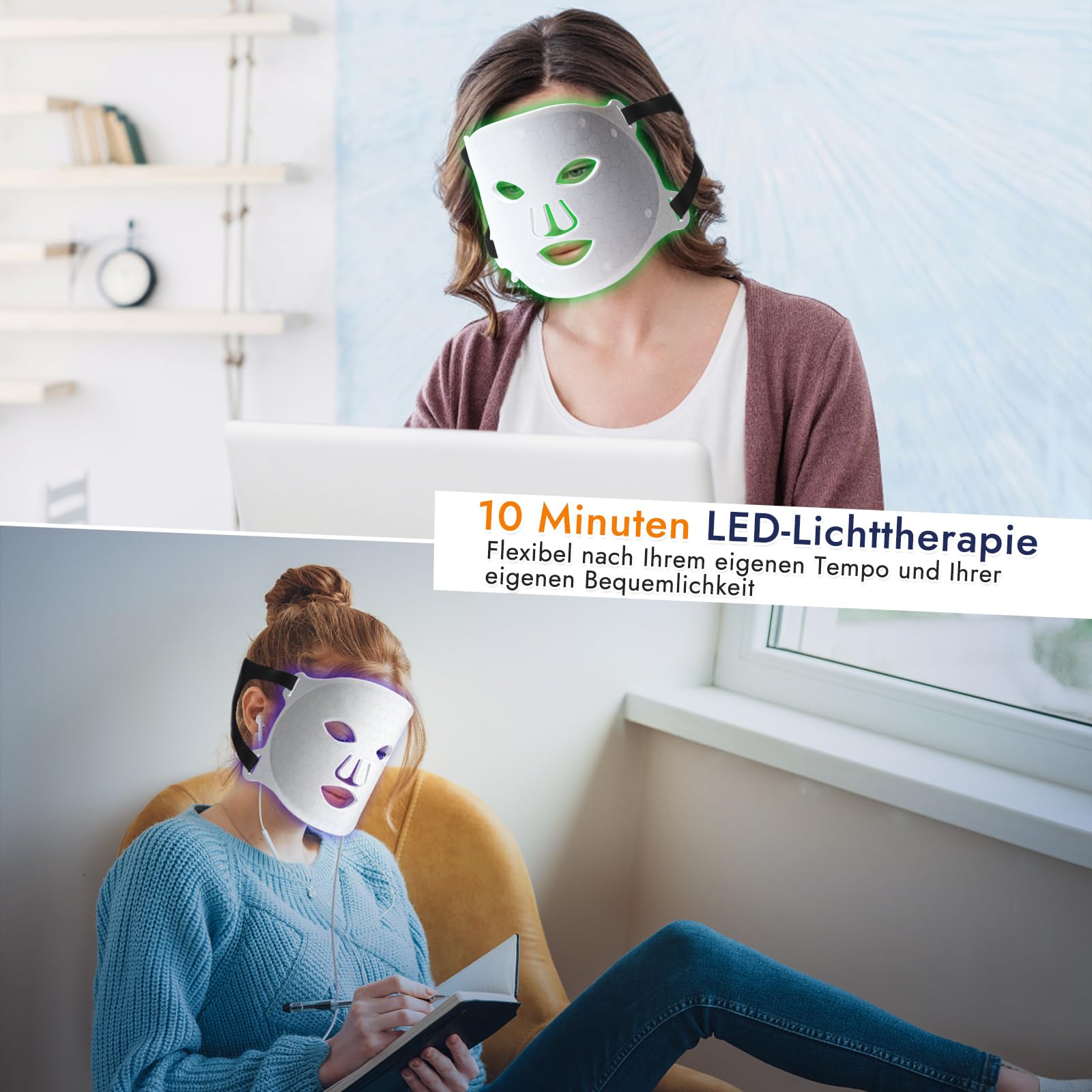 Rotlicht Mask Gesicht, Rotlichtlampe LED Maske Gesicht 7 FarbenLichtmaske mit 270 Perlen, Wiederaufladbare LED Maskes Gesichts für Gesichtsschönheit, Anti-Aging, Verjüngung (Weißes)