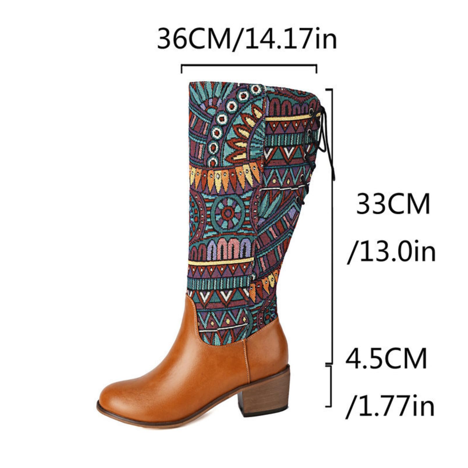 Mujer Botas Altas Punta Redonda Tacón Chunky Tela Estampada Botas Montar Costura Cuero Cremallera Lateral Botas Largas Pantorrilla Ancha Cordones Altas Splicing Planas