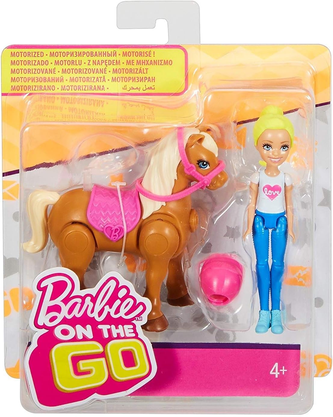 Barbie FHV63, On-the-Go Doll (blonde) & light brown mini pony with pink saddle.