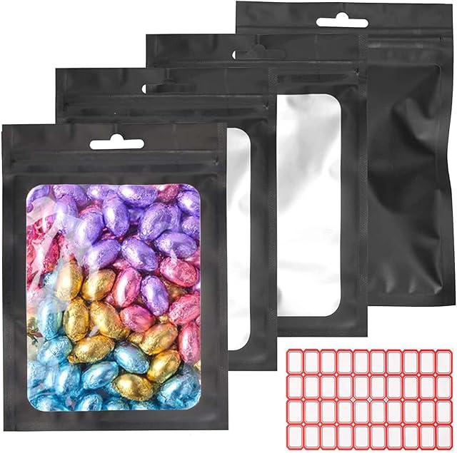 LOOPES 150Pcs Foil Ziplock Bags Mylar Food Storage Bags Resealable Polyester Bag Coffee Bean Easter Packaging Bag with Clear Window and 200Pcs Adhesive Labels for Candy Cookies 4.1 x 6 Inches