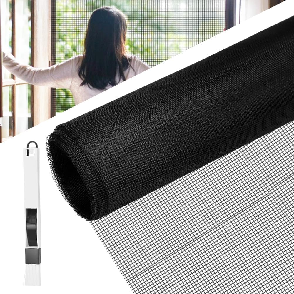BUZIFU Raamscherm gaas 150 x 270 cm glasvezel scherm vliegenscherm gaas insectengaas vervanging snijbaar klamboe huisdier scherm met reinigingsborstel voor ramen deuren terras, kat bestendig, zwart