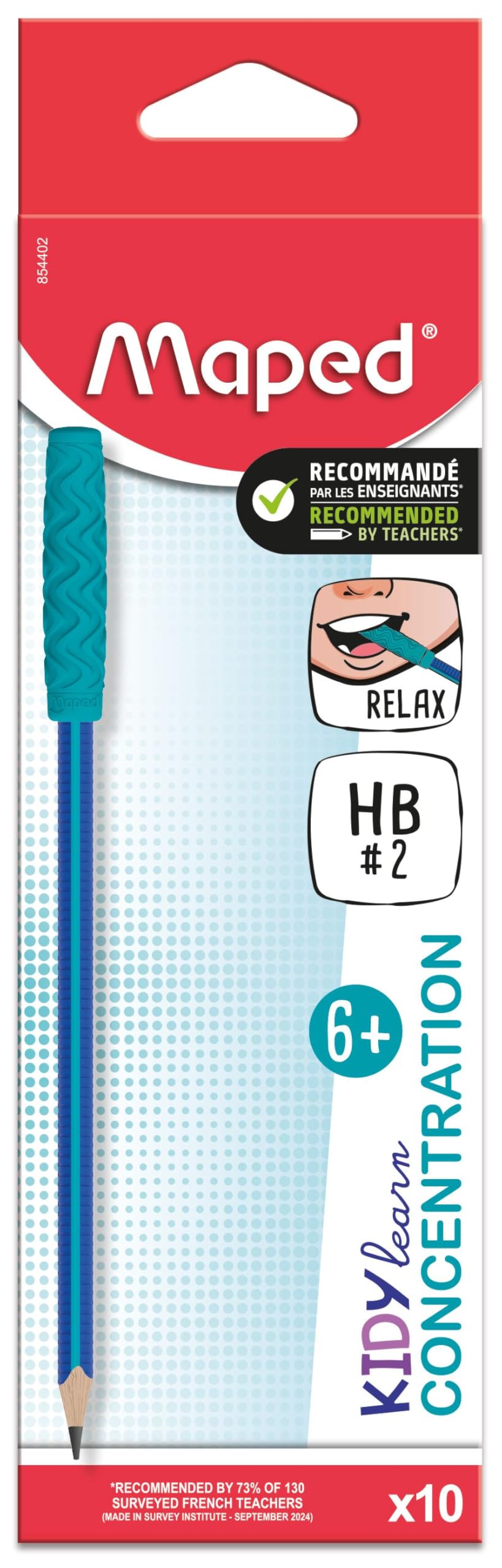 Maped - Kidy Learn Concentration - Box of 10 Ergonomic Graphite Pencils with Relaxing Chew/Bite Tips - HB Lead - Textured Grip