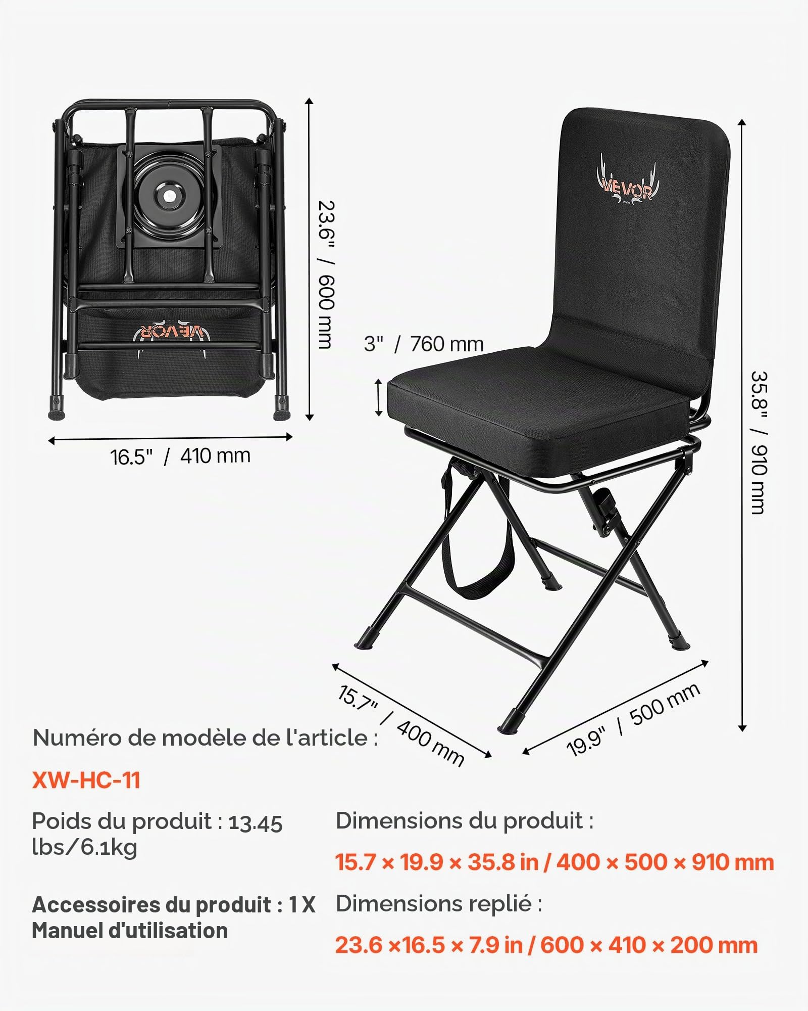 VEVOR Chaise de Chasse Pivotante à 360°, Siège de Chasse Pliable, Portable et Silencieux, Cadre en Acier Robuste avec Bandoulière Réglable, Capacité de Charge de 136 kg, pour Pêche et Camping