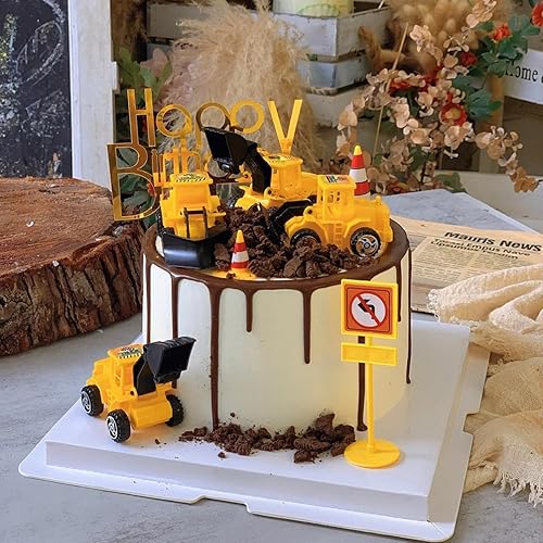 Miniatura 6 de 15 piezas de vehículos de construcción para tartas, camión volquete, excavadora, tractor, decoración de pasteles con 5 letreros de juguete de