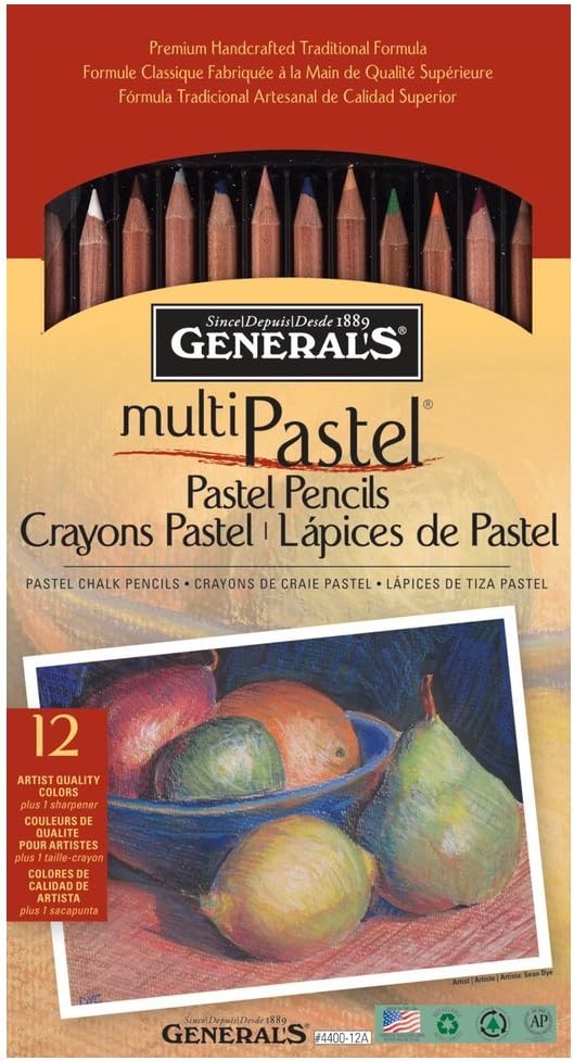GENERAL'S MultiPastel Chalk Pencils,12 Color (4400-12A) | Acid-Free, Oil-Free, Cedar Wood Barrel | Blendable Pastel Chalks for Paper, Mixed Media & Sewing