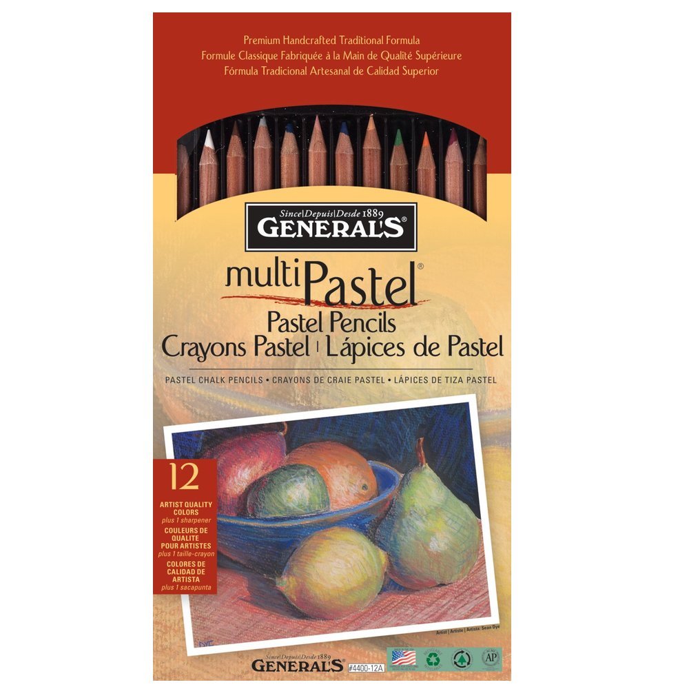 GENERAL'S MultiPastel Chalk Pencils,12 Color (4400-12A) | Acid-Free, Oil-Free, Cedar Wood Barrel | Blendable Pastel Chalks for Paper, Mixed Media & Sewing
