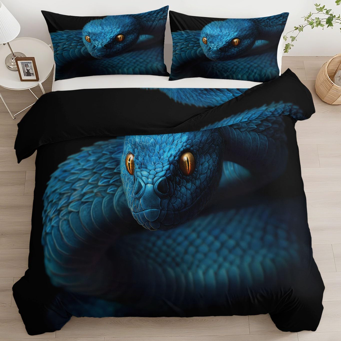 Zestaw poszewek na kołdrę dla dzieci, wysokiej jakości, szczotkowana mikrofibra, gra fantasy, gigantyczny Python, miękki, oddychający, 3-częściowy wygodny zestaw pościeli, niebieska poszewka
