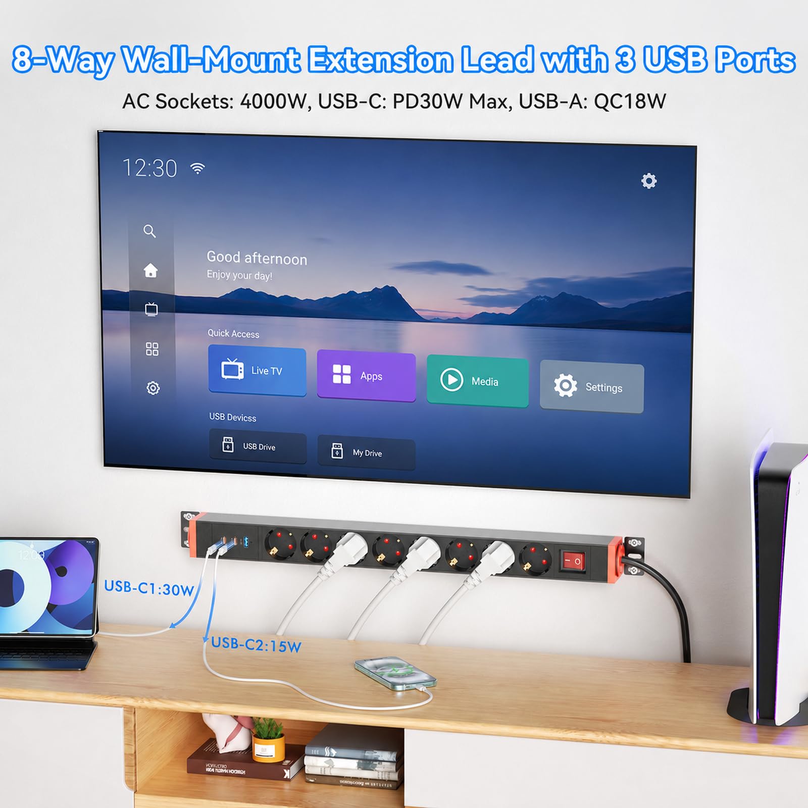 Listwa zasilająca z 8 gniazdami z ochroną przed przepięciem i USB-C PD 30 W, obracane o 360°, do montażu na ścianie, przedłużacz 1,8 m, 16 A/4000 W, czarna