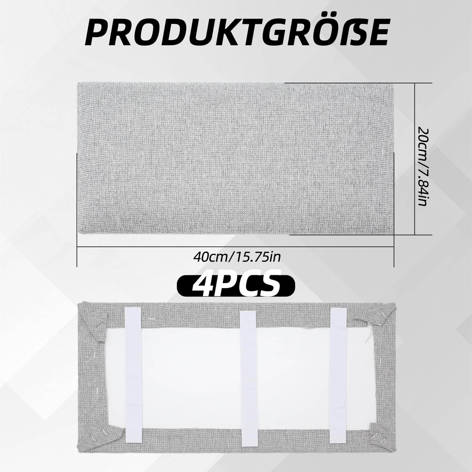 Polsterpaneele 4er Set, rechteckige Deko-Wandpaneele, als Kopfteil oder Prallschutzpaneel verwendbar, reduziert Lärm und verbessert die Akustik, 40x20 cm, hellgrau (hellgrau, 40 * 20cm)