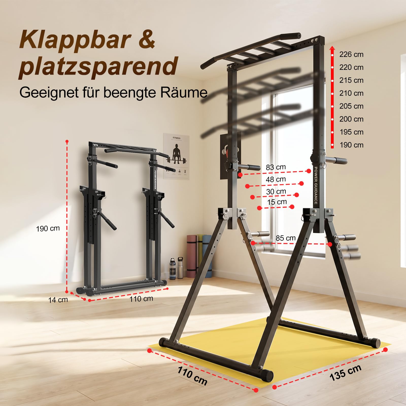 POWER GUIDANCE Faltbar Power Tower Dip Station Klimmzugstange Freistehend Höhenverstellbar Multifunktional Fitness Trainingsgerät für
