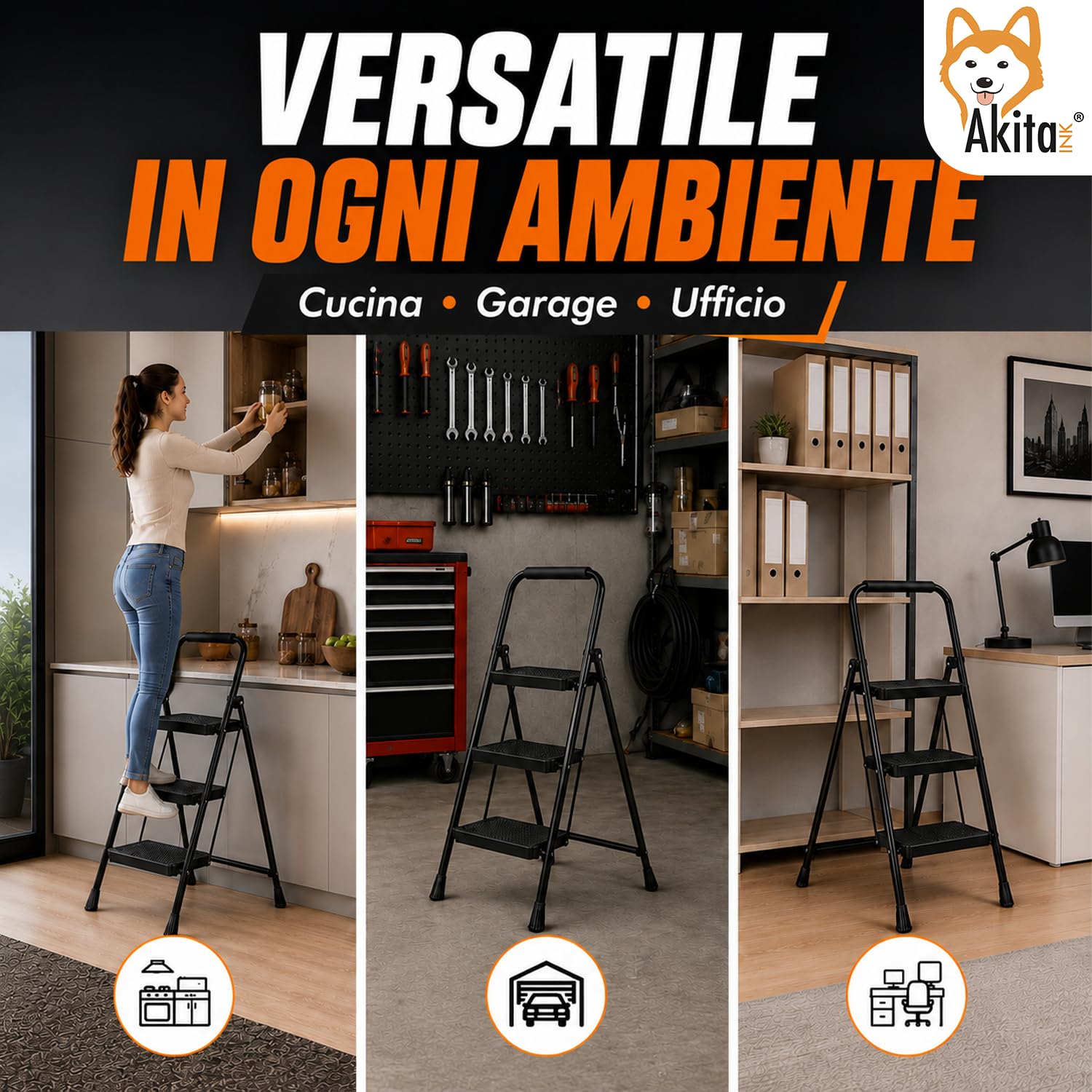 AkitaInk Scala Pieghevole in Acciaio 3 Gradini Nero | Scaletta Pieghevole, Piedini Antiscivolo, Impugnatura in Spugna, Certificata EN14183