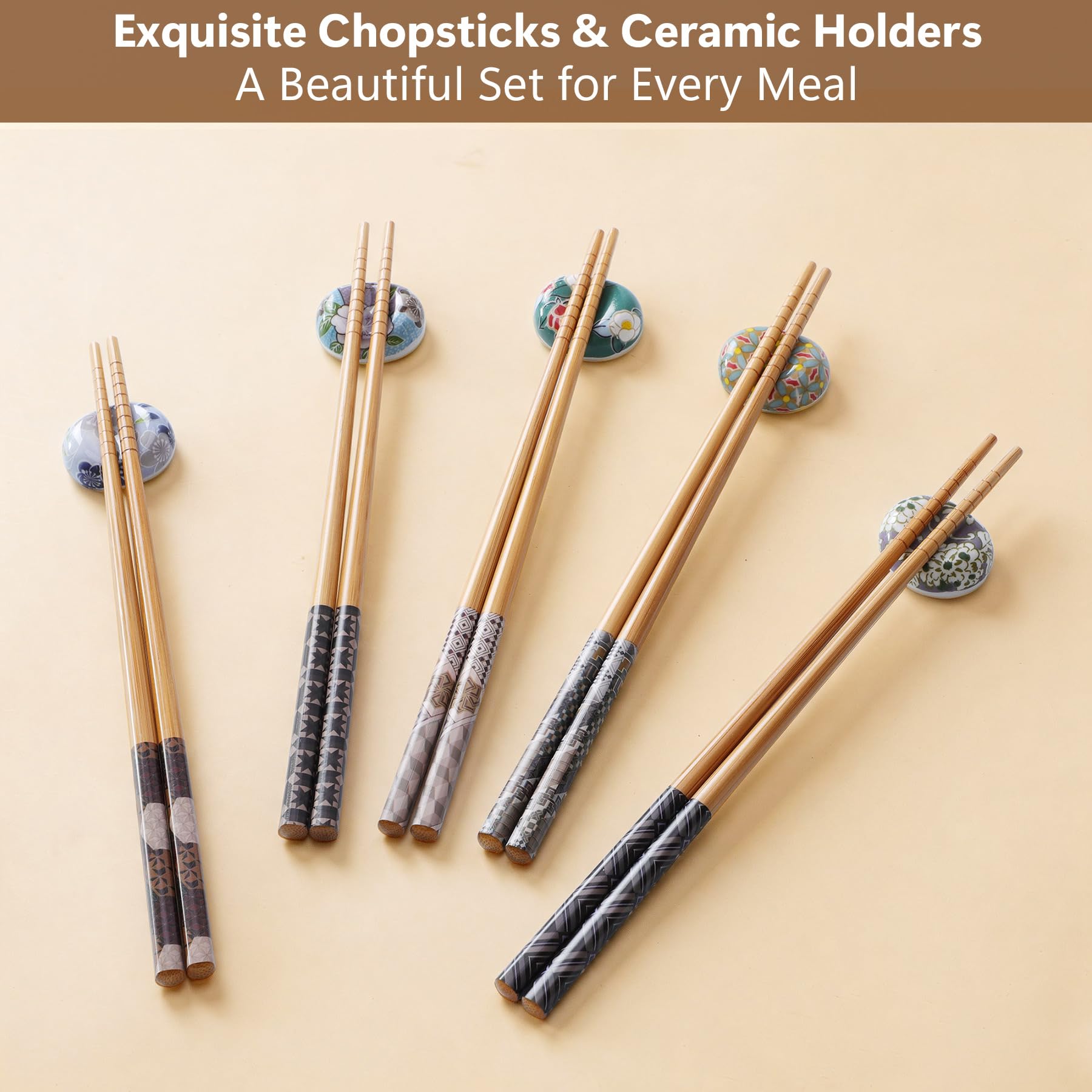 Antner 5 Pairs Reusable Bamboo Chopsticks with 5PCS Ceramic Choptick Rests — Amazon image 4