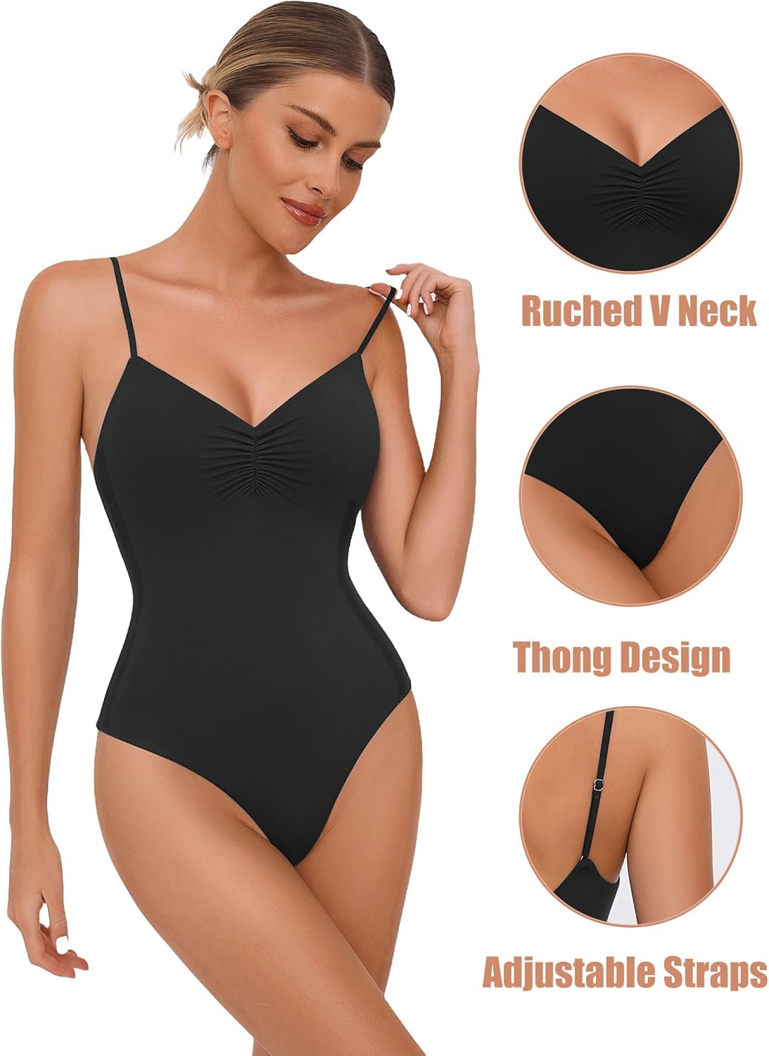 Avidlove Body Suits for Womens Sexy Ruched V Neck Thong Bodysuit Backless Sleeveless Double Lined Cami Body Suit Top - Image 3