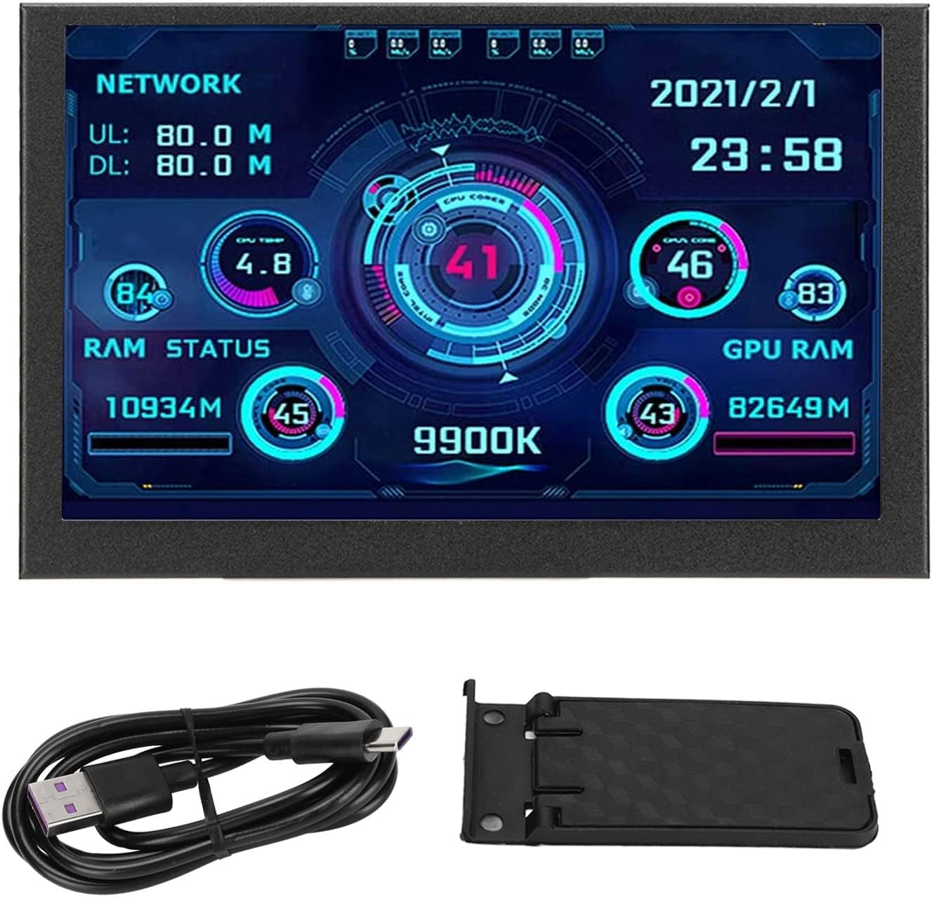 PC CPU Monitor, 5 Inch IPS Screen Display Hardware Temperature Monitor, Portable USB TYPE C PC CPU RAM HDD Data Monitor with Screen Stand Holder and Autoclose Screen Function