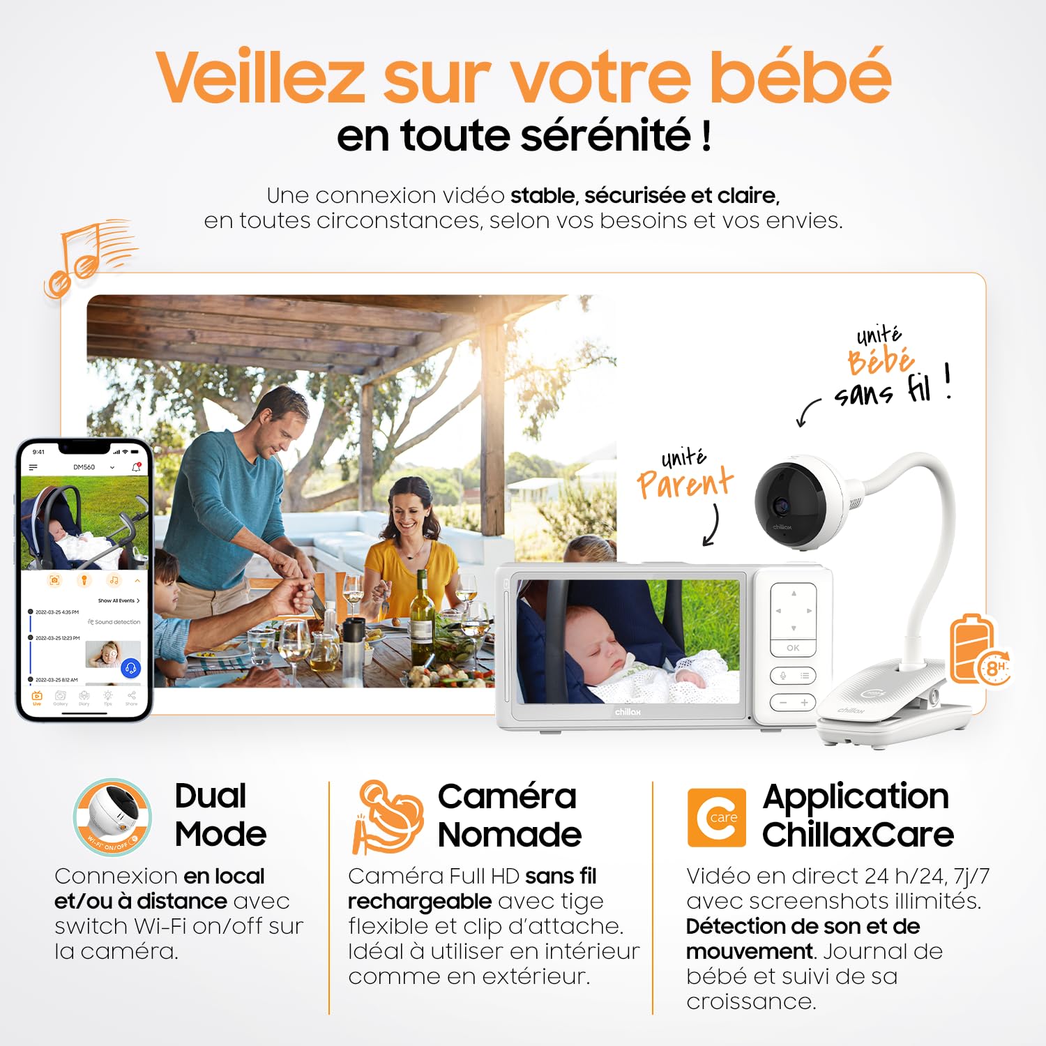 CHILLAX - Babyphone Camera Giraffe Clip Portable - Écran LCD HD 5'' - Caméra sans Fil Full HD 1080p -Tige Flexible - Vision Nocturne - Talkie-Walkie - WiFi on/Off - Alerte Son & Mouvement - avec App