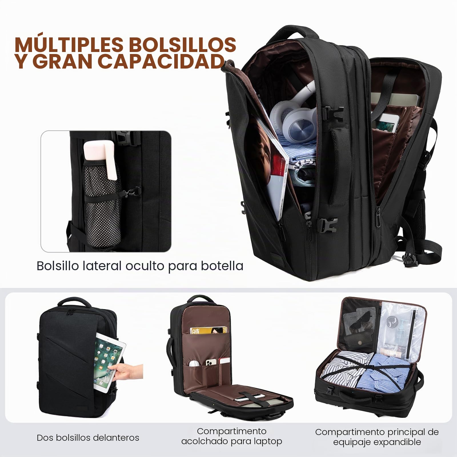 LOVEVOOK Mochila Viaje Cabina Avion Maletas De Viaje Cabina, 50L Equipaje De Mano Mujere Hombre, Mochila Para Portátil 18 Pulgadas, Travel Backpack Cabin Bag para Viagem Trabajo Escuela, Negro