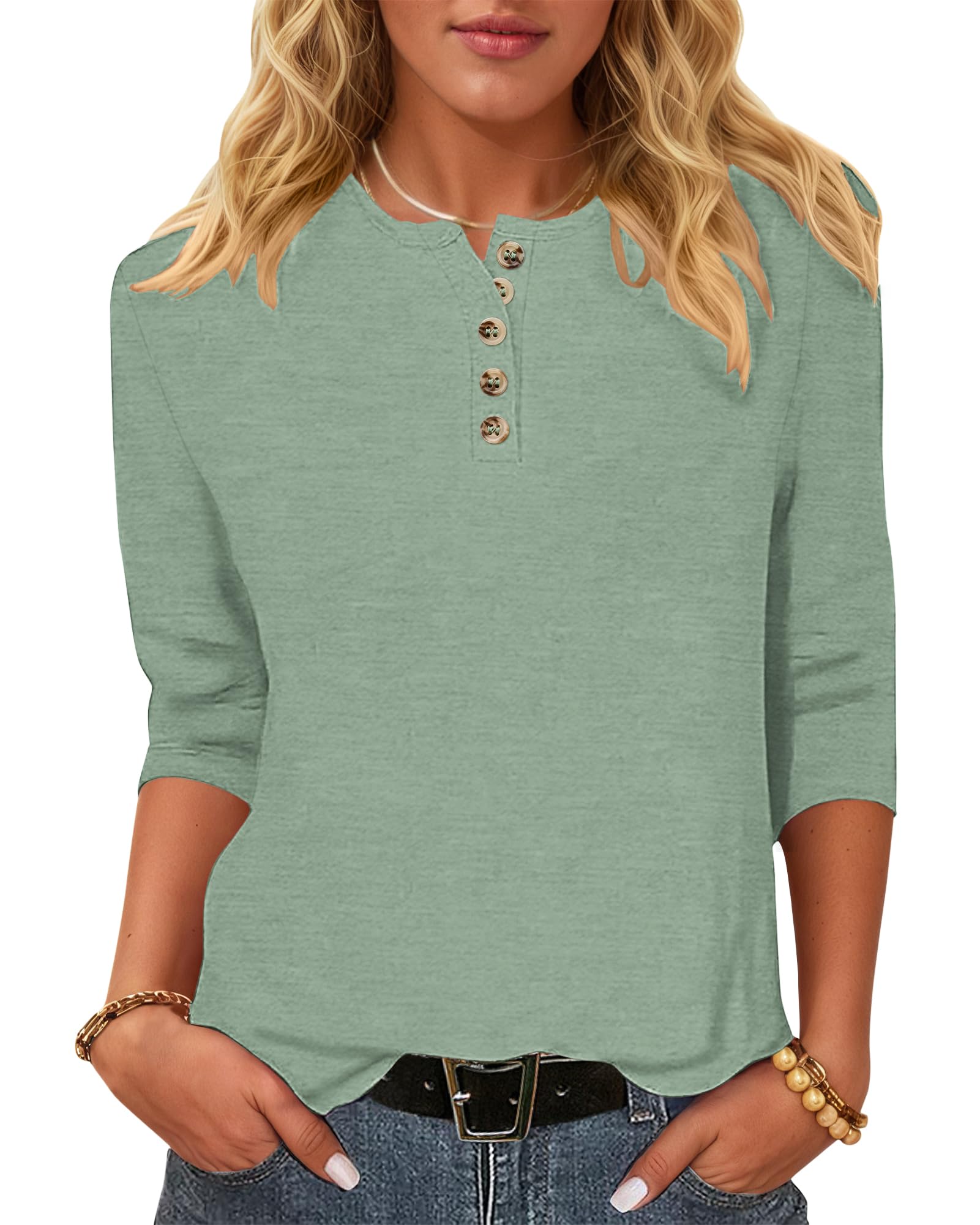 WNEEDU T-Shirt Damen 3/4 Arm Bluse - Henley Shirt Rundhals Tshirt Leichte Pullover Lässig Tops Basic Ganzjahres Oberteile mit Knöpfe